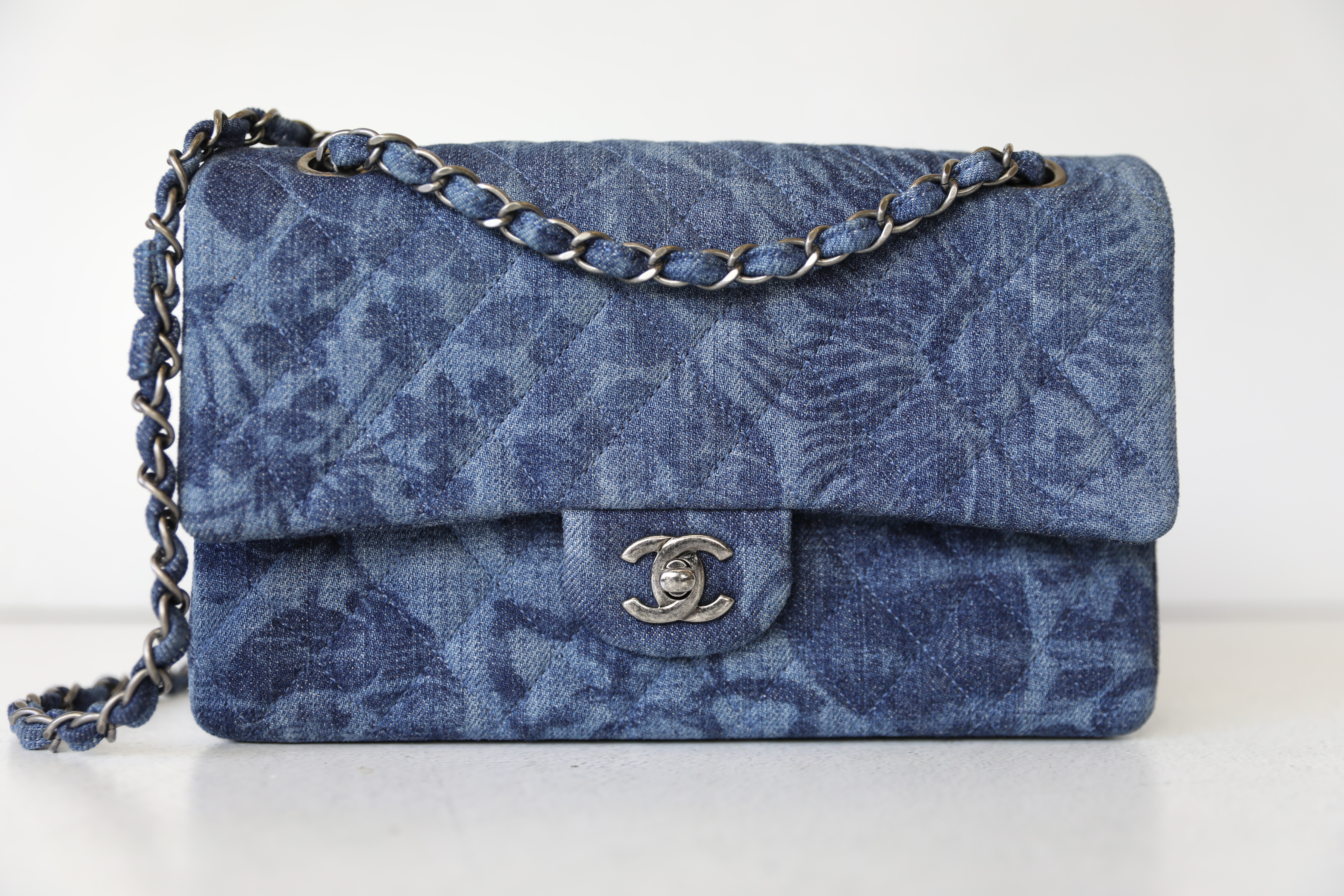 Chanel Flap, Denim Floral Print with Ruthenium Hardware, Preowned in Box  WA001