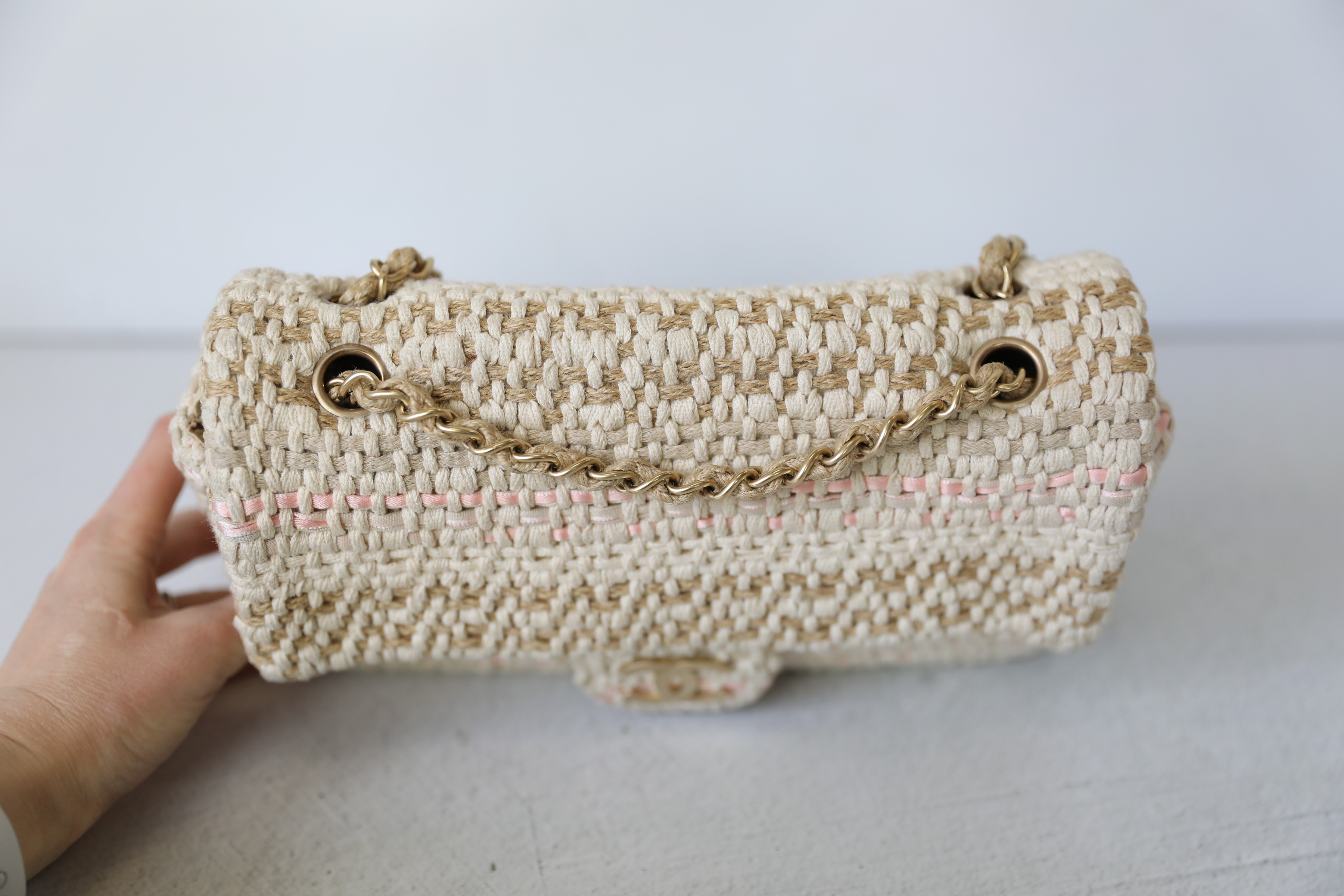 Chanel Flap, Knit Woven, Beige and Pink with Gold Hardware, Preowned No  Dustbag WA001
