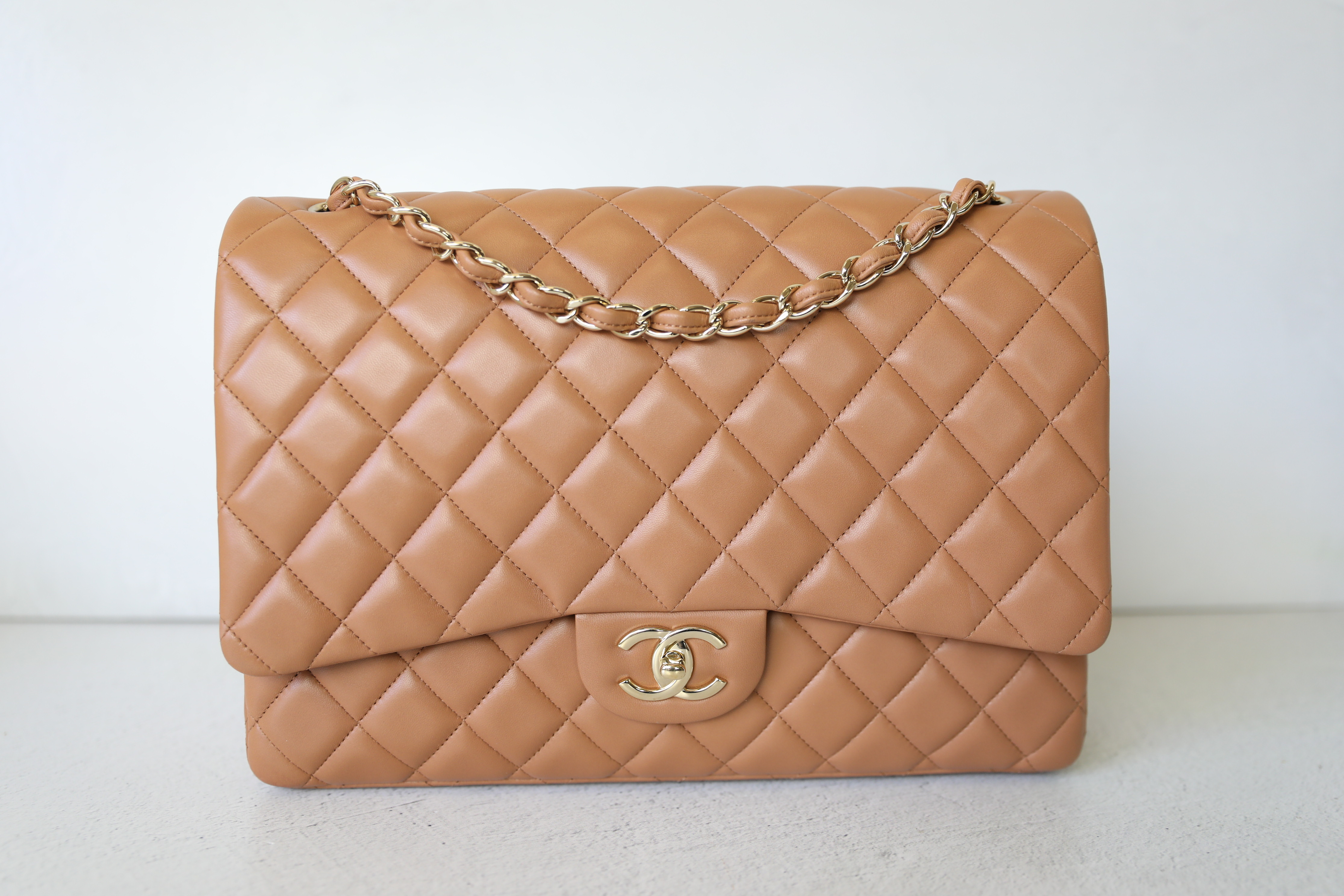 Chanel Classic Double Flap Maxi, Caramel Lambskin with Gold Hardware,  Preowned in Box WA001