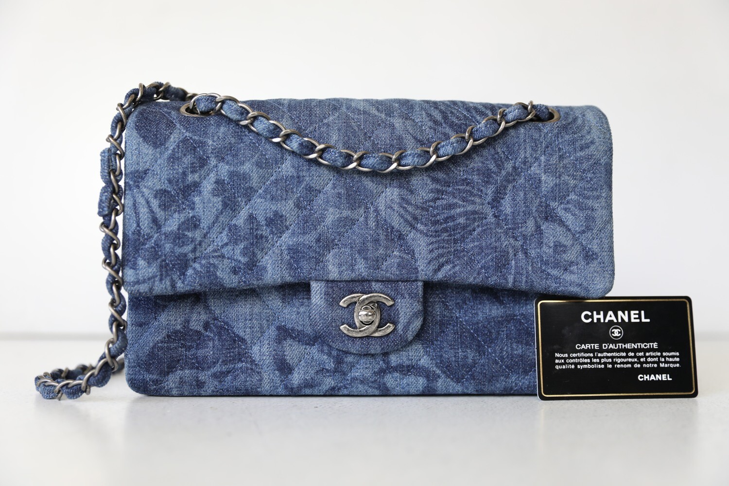 Chanel Flap, Denim Floral Print with Ruthenium Hardware, Preowned in Box  WA001