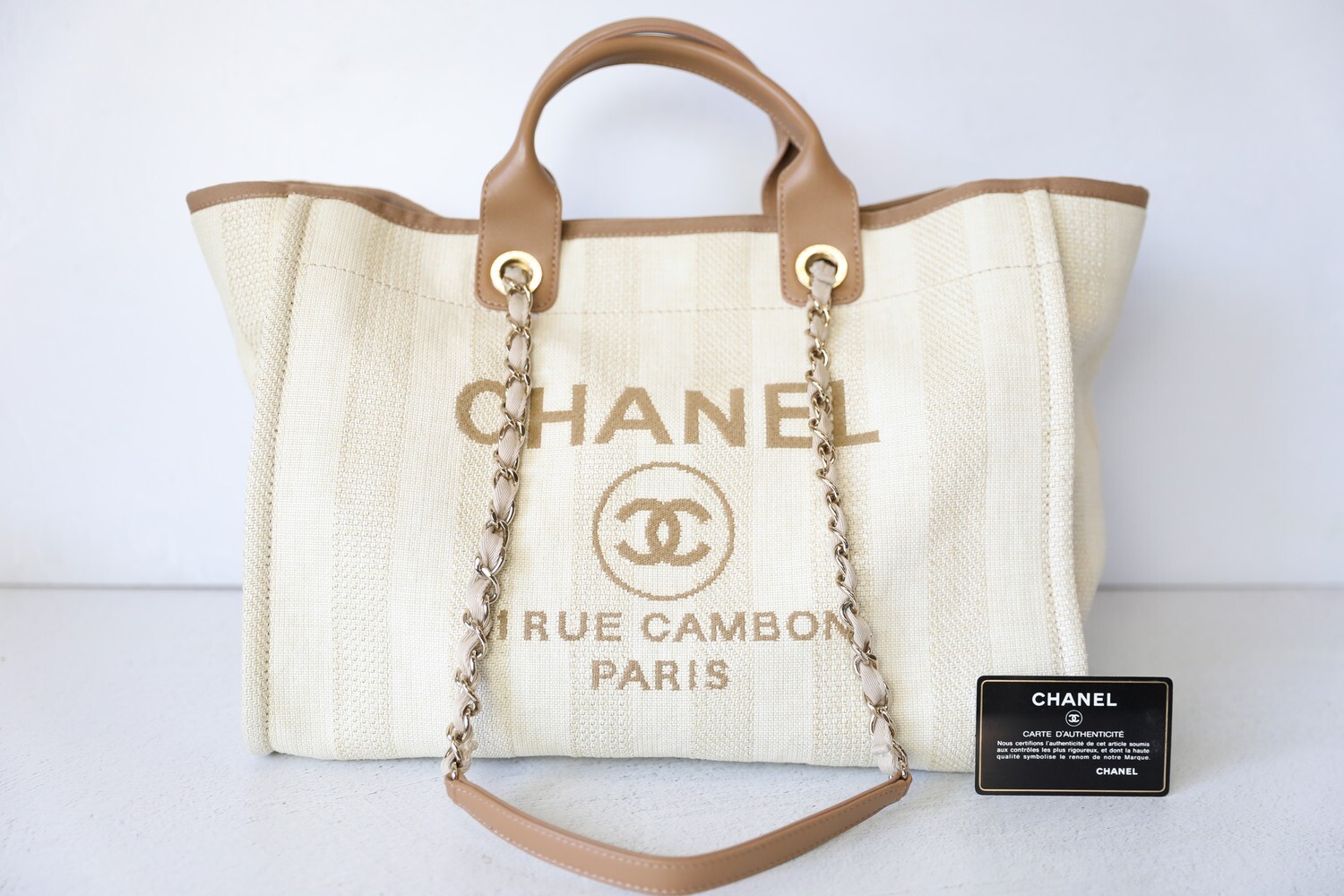 chanel canvas tote beige