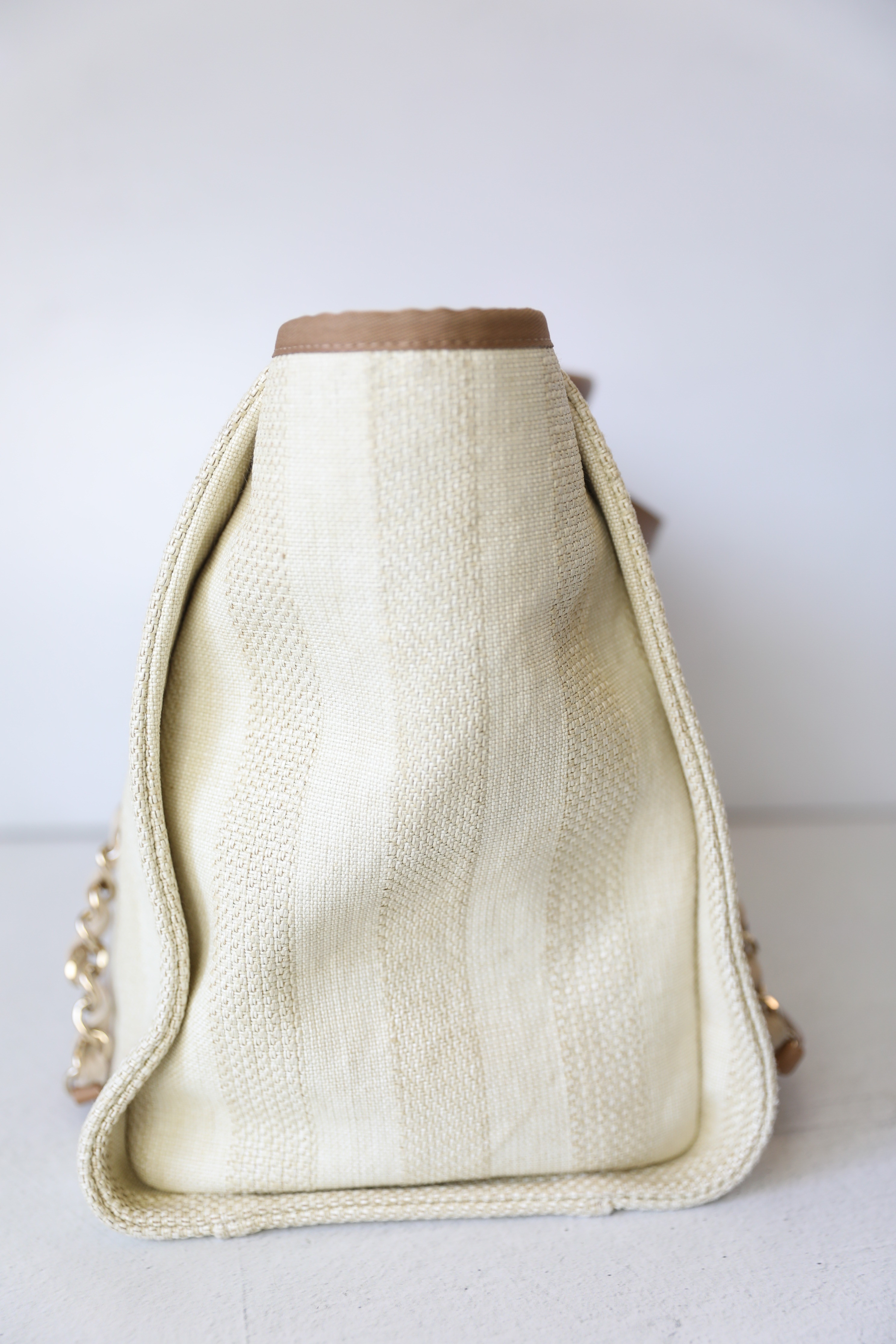 Chanel Deauville Large, Beige and White Striped Canvas with Gold Hardware,  Preowned in Dustbag WA001