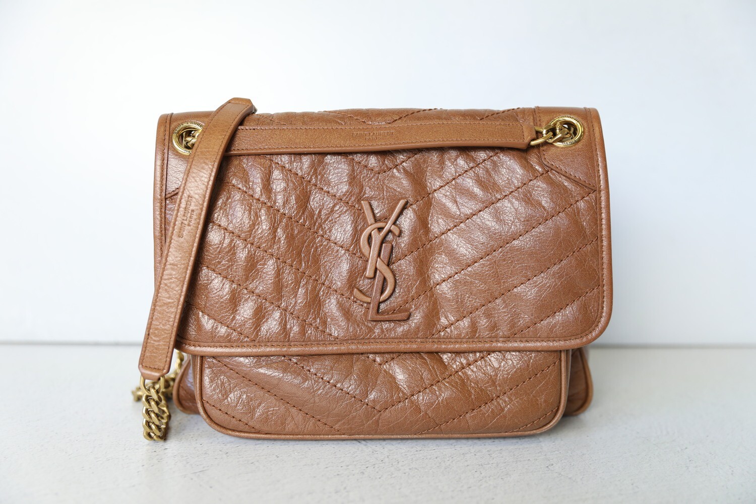 Saint Laurent Niki Chain Flap Bag Matelasse, Brown Chevron Leather With Gold Hardware, Preowned No Dustbag WA001
