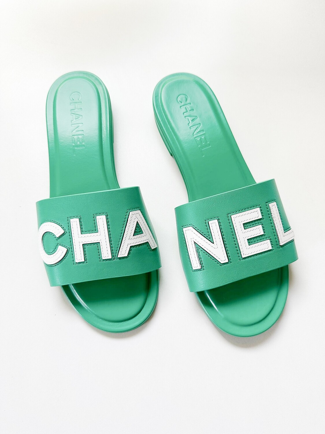 Chanel Slide Sandals, Green and White, Size 38, New in Box GA003