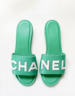 Chanel Slide Sandals, Green and White, Size 38, New in Box GA003