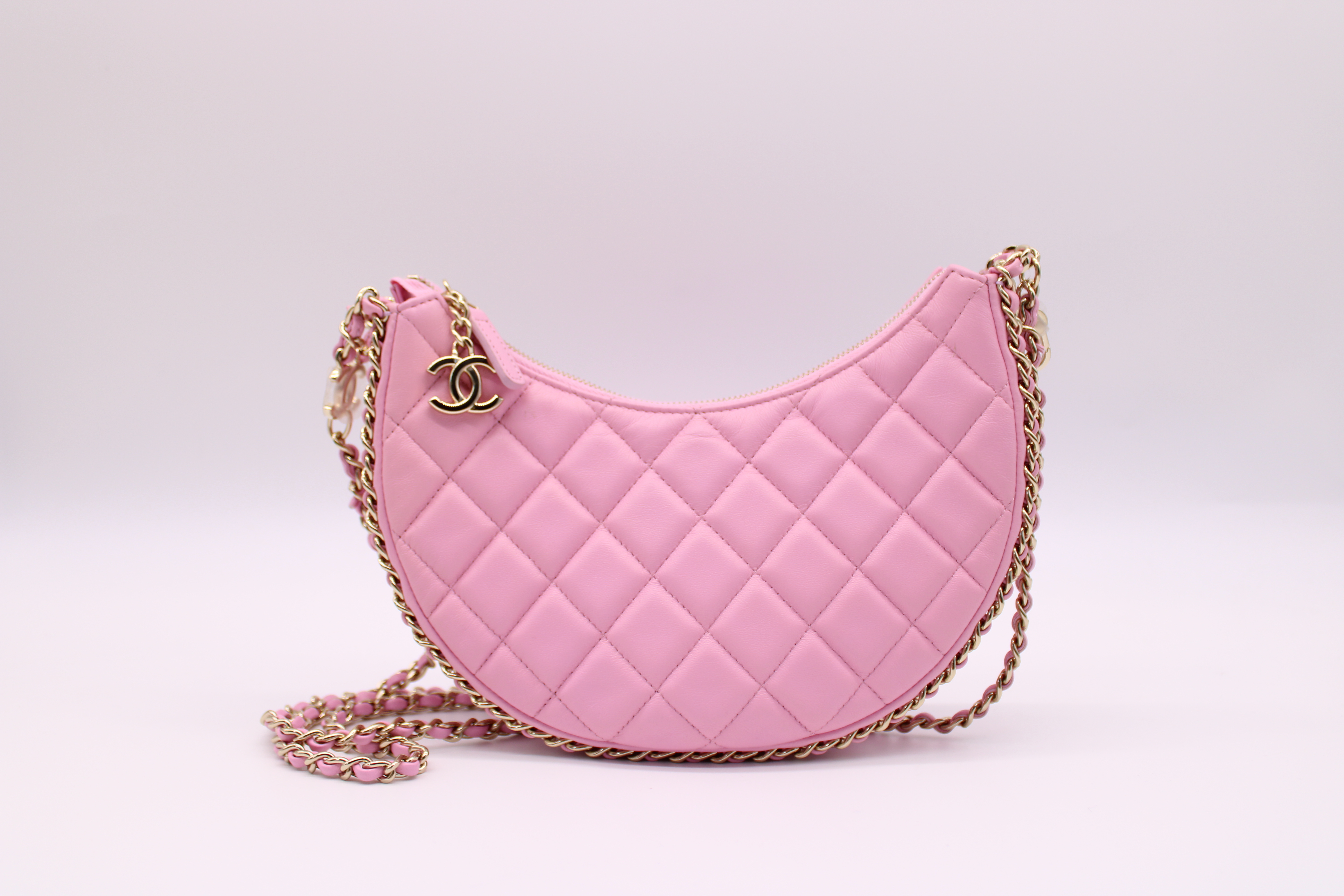 Chanel Small Hobo Bag, Pink Lambskin Leather, Gold Hardware