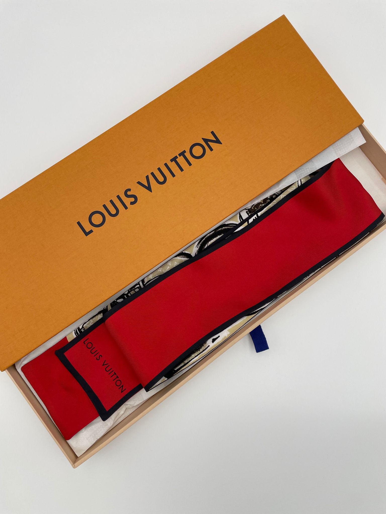 Louis Vuitton Red and Blue Twilly Scarf With Box For Sale at 1stDibs