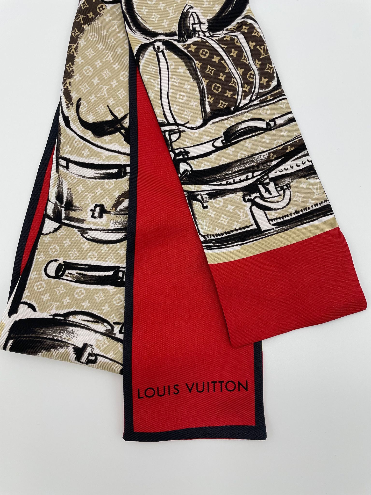 Louis Vuitton Twilly Scarf, Red and Beige, New in Box GA001