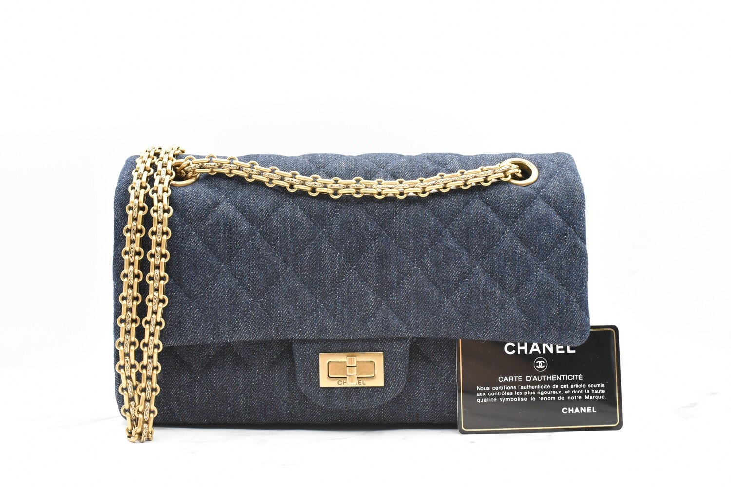 Chanel Reissue 225, Dark Blue Denim with Gold Hardware, New in Box GA001