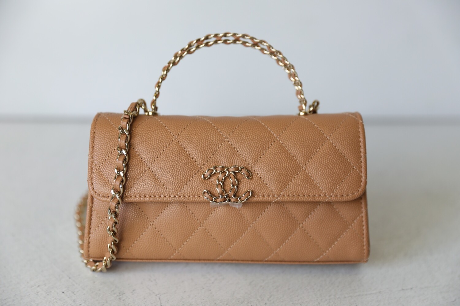 Chanel Long Mini Flap with Top Handle and Chain CC, Brown Caviar with Gold  Hardware, As New in Box WA001