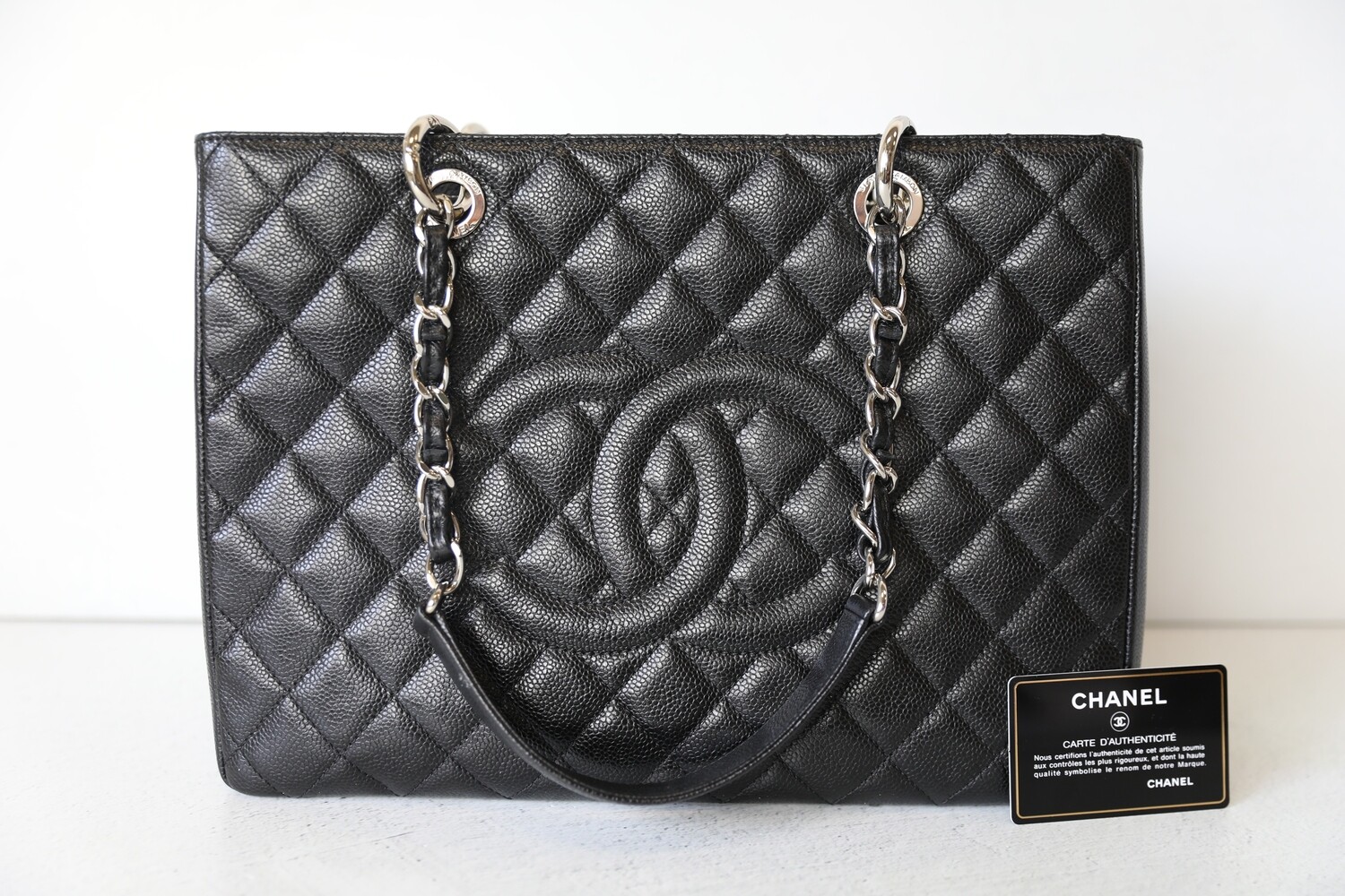 Chanel GST Grand Shopping Tote, Black Caviar with Silver Hardware, Preowned in Box WA001
