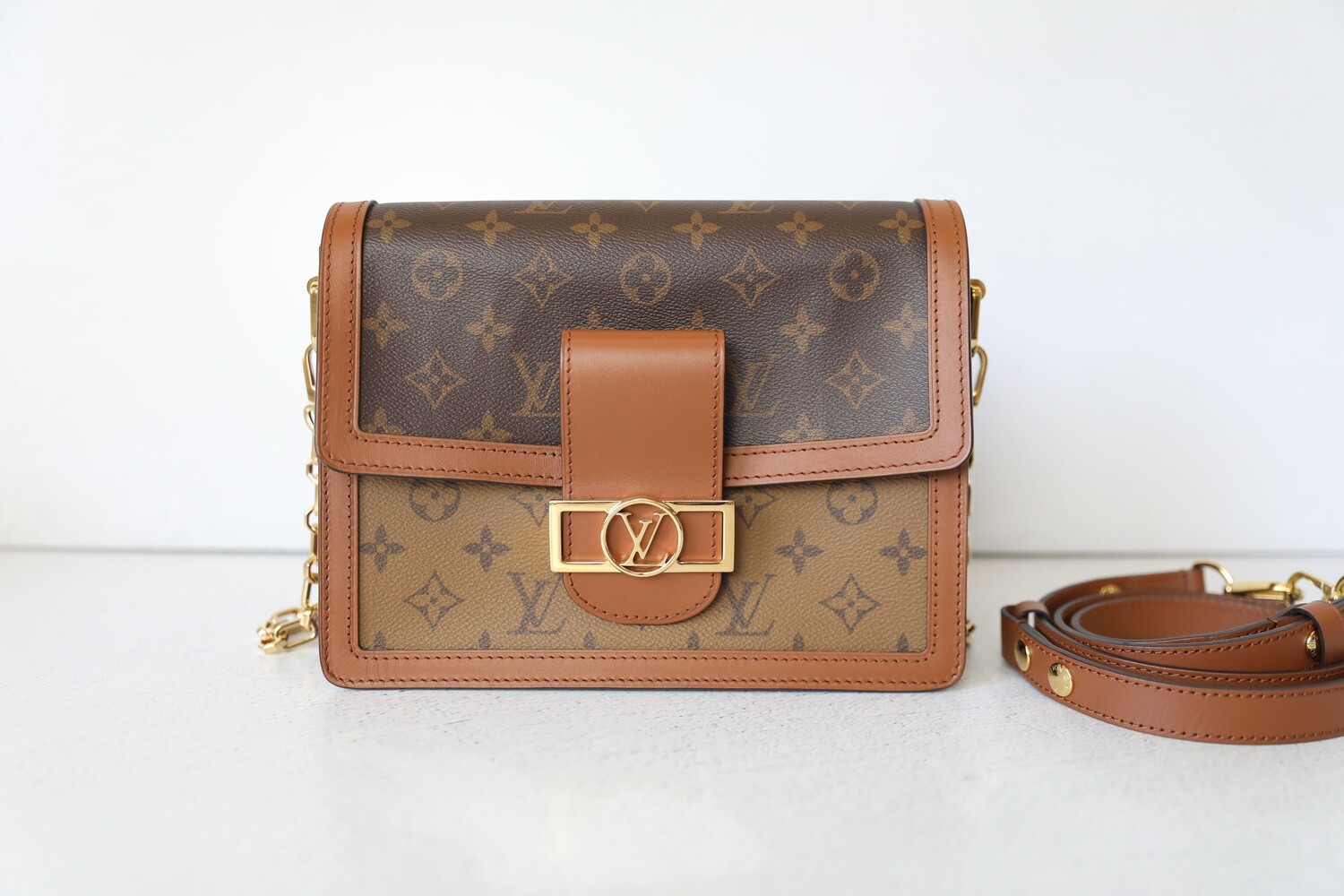 Louis Vuitton Dauphine MM, Reverse Monogram and Brown Leather With Gold  Hardware, Preowned In Box, WA001