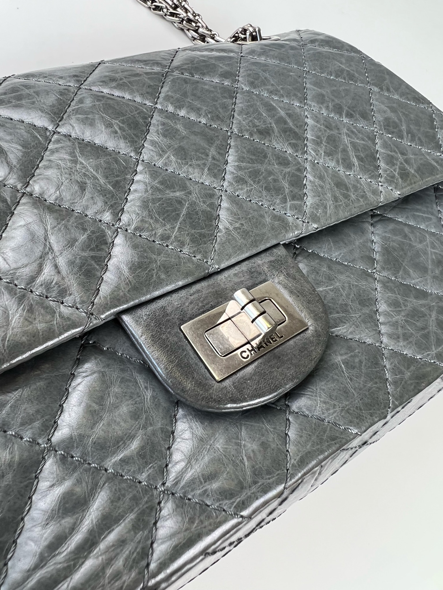 Chanel Reissue 2.55 226 Flap Bag, Grey Calfskin with Ruthenium Hardware,  Preowned in Box WA001 - Julia Rose Boston