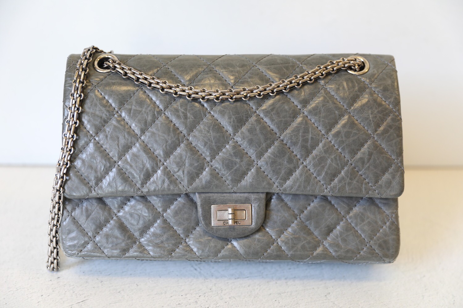 Chanel Reissue 2.55 226 Flap Bag, Grey Calfskin with Ruthenium Hardware,  Preowned in Box WA001 - Julia Rose Boston