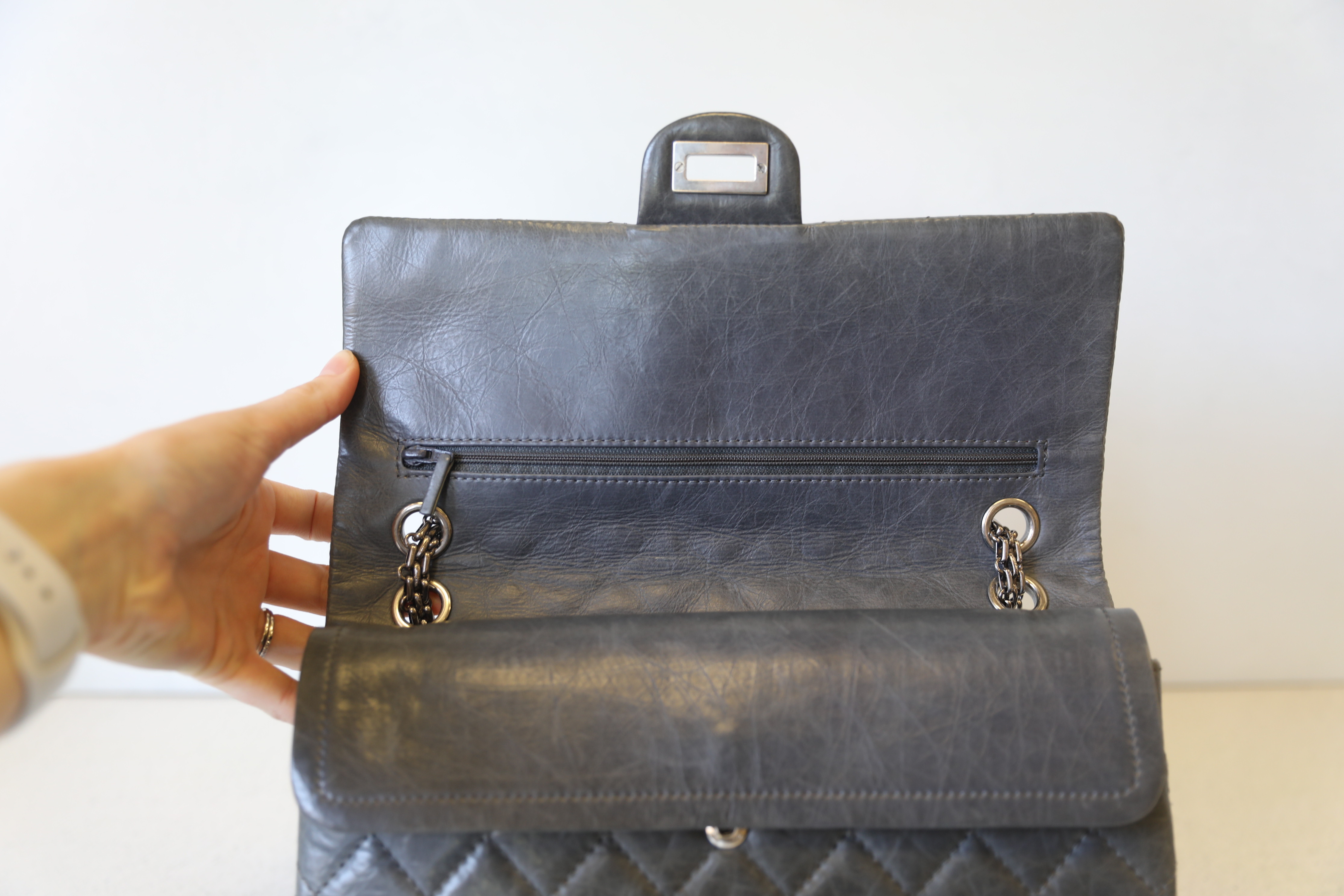 Chanel Reissue 2.55 226 Flap Bag, Grey Calfskin with Ruthenium Hardware,  Preowned in Box WA001