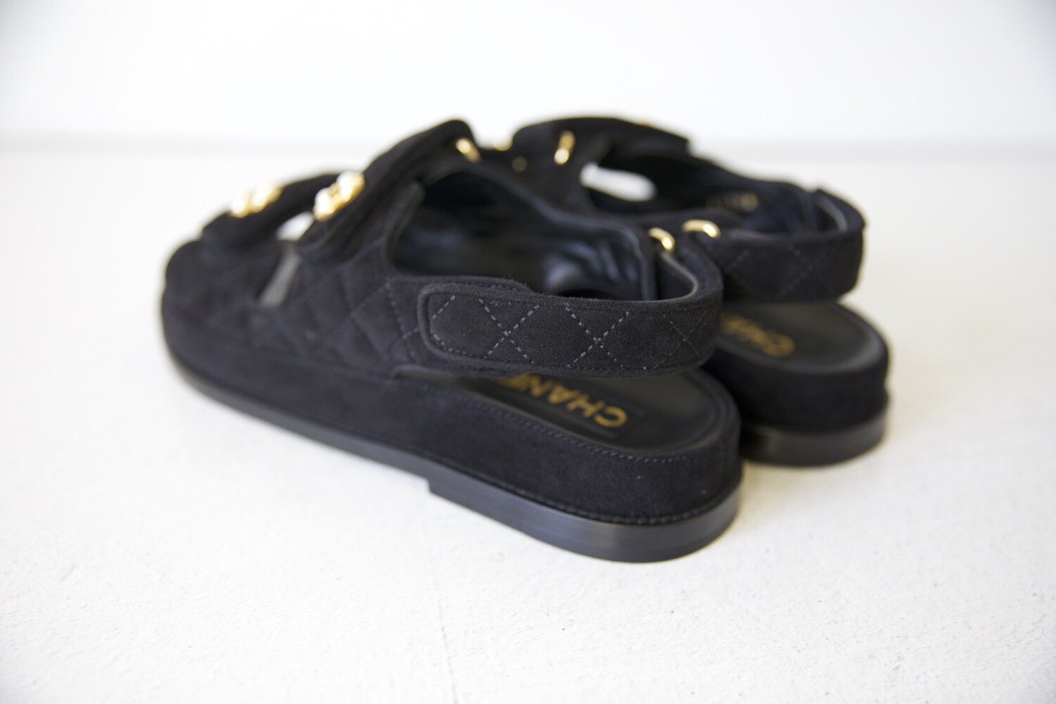 Chanel Dad Sandals, Black Suede with Pearl Flower, Size 38.5
