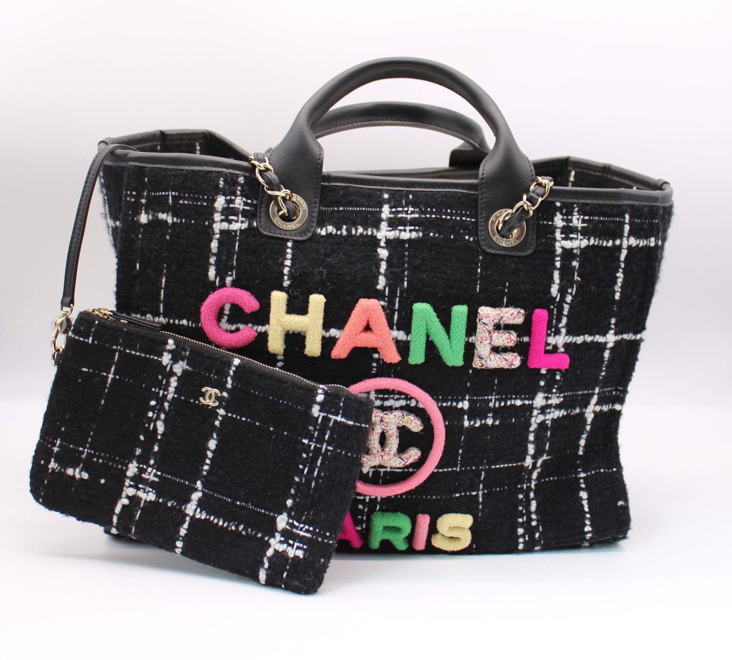 Chanel Deauville Medium, Black Tweed, Preowned in Dustbag MA001