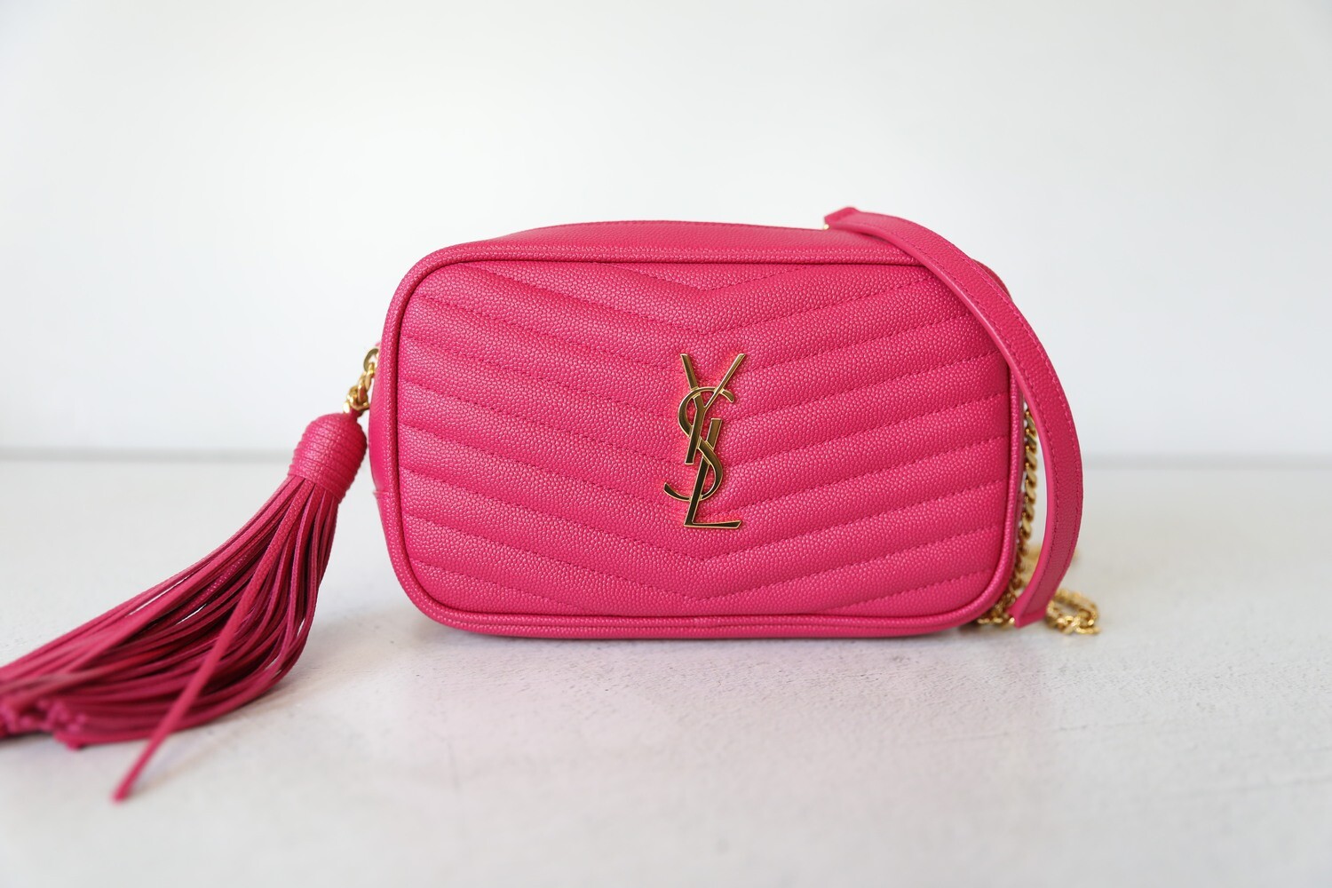 Saint Laurent Grain de Poudre Matelasse Monogram Mini Lou Camera Bag Pink