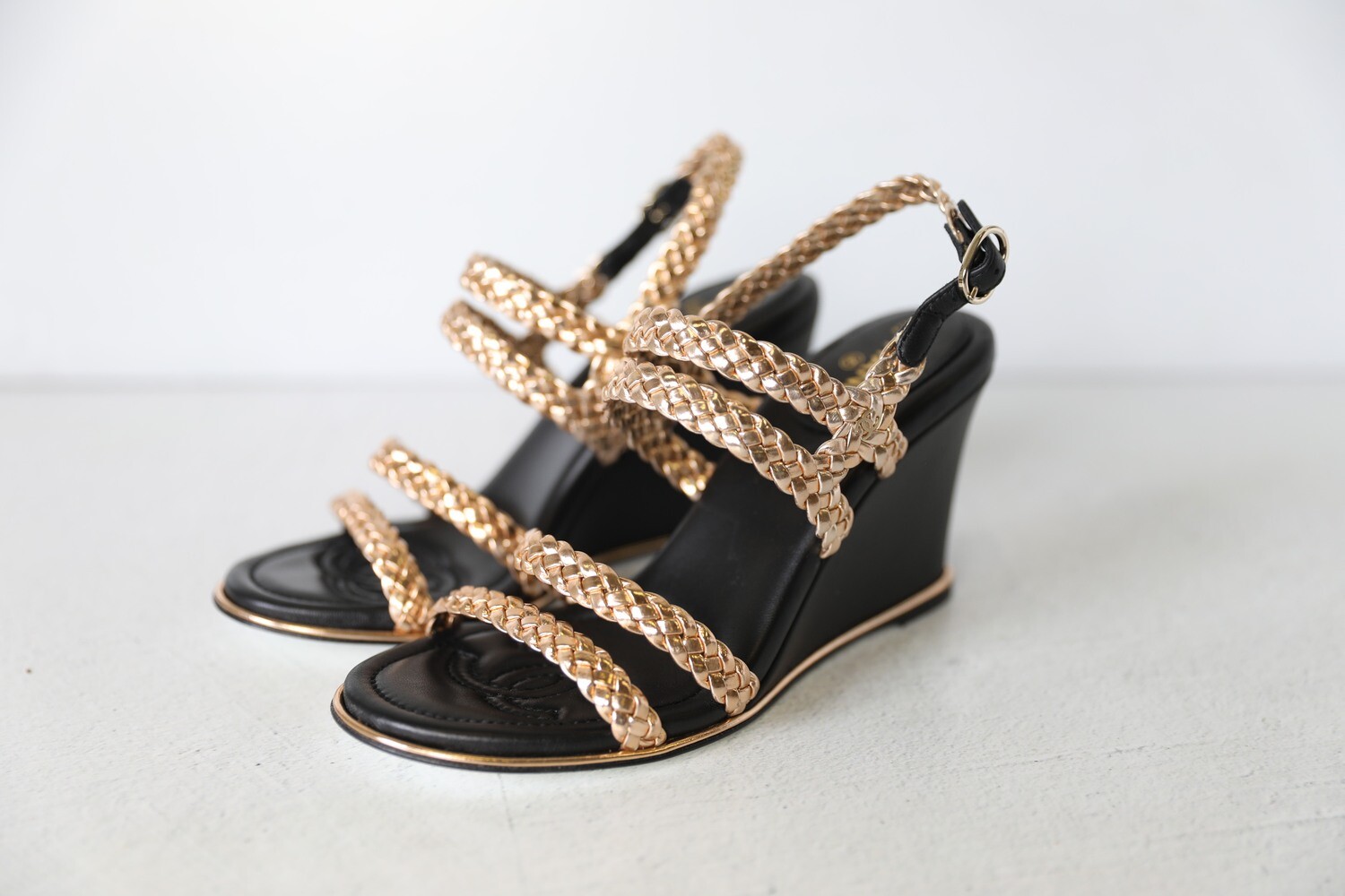 Chanel Wedge Sandals with Golden Braided Straps, Size 35.5, New in Box WA001