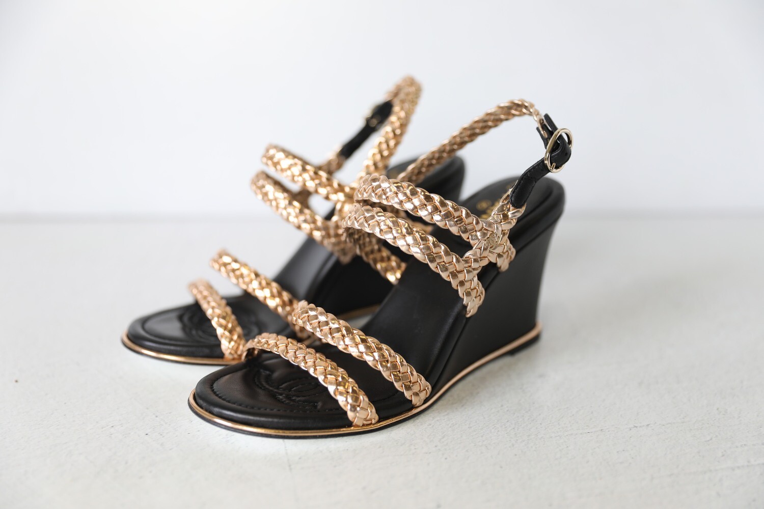 Chanel Black Quilted Leather Logo Wedge Ankle Strap Sandals Size