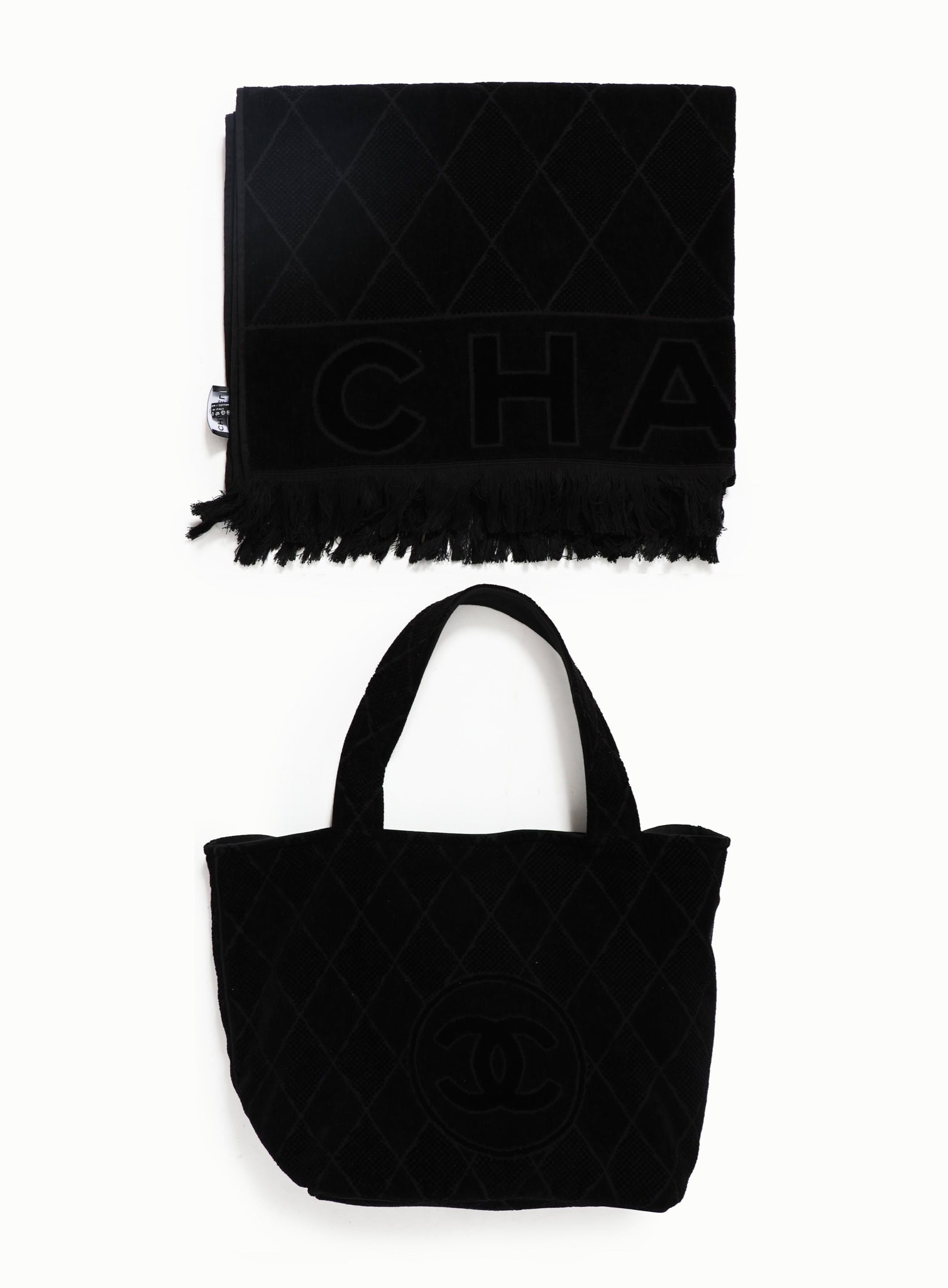 Chanel Black Quilted Terry Cloth Cotton Beach Bag Chanel