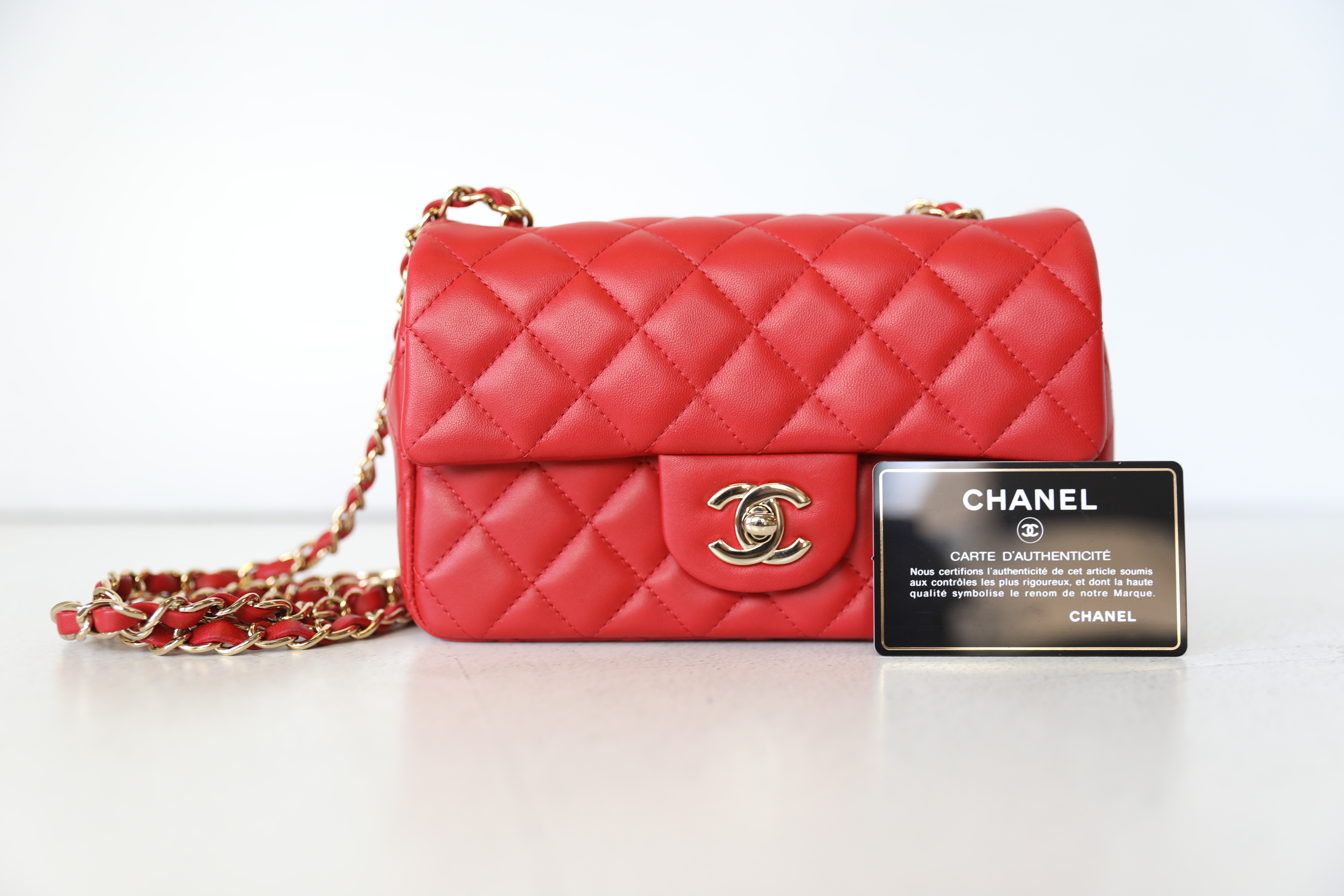 Chanel Classic Mini Rectangular, Red Lambskin with Gold