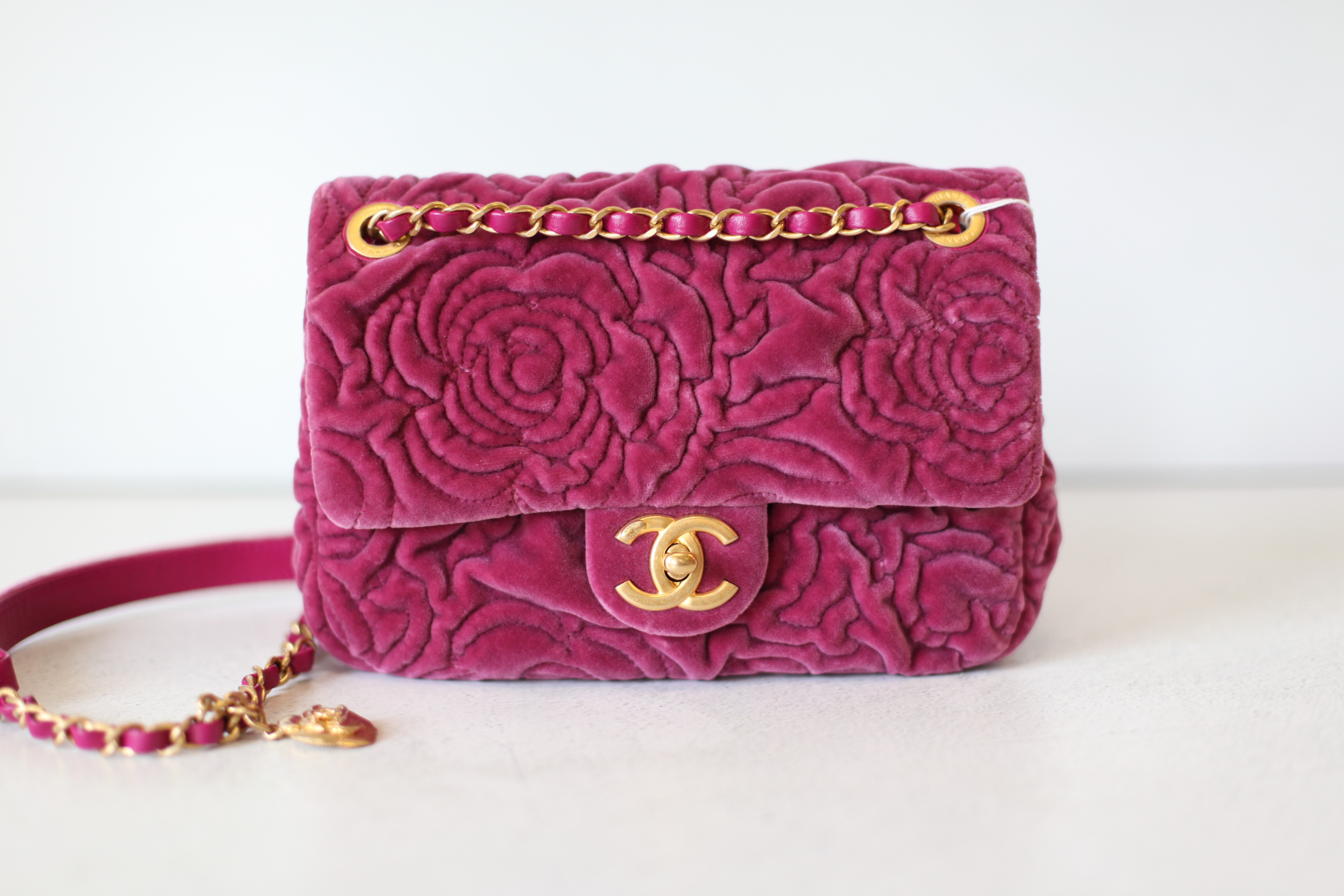 Chanel Camellia Mini Flap Bag, Velvet Pink With Gold Hardware, Preowned In  Box