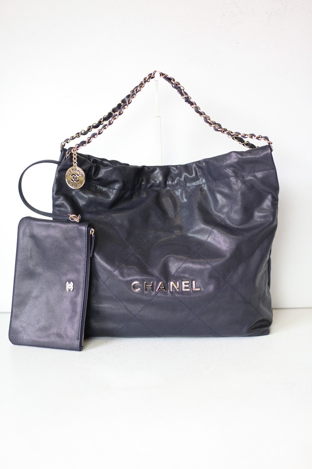 Chanel 22 Medium, Navy Caviar Leather With Gold Hardware, Preowned In Dustbag, WA001
