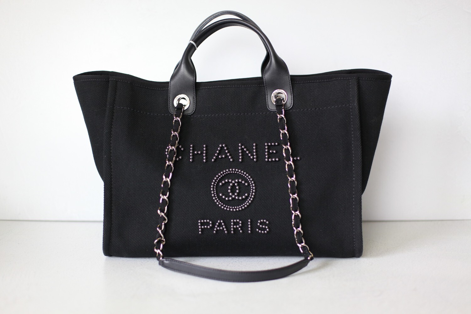 Chanel Deauville Large, Black Canvas with Pearls, Preowned in Box WA001