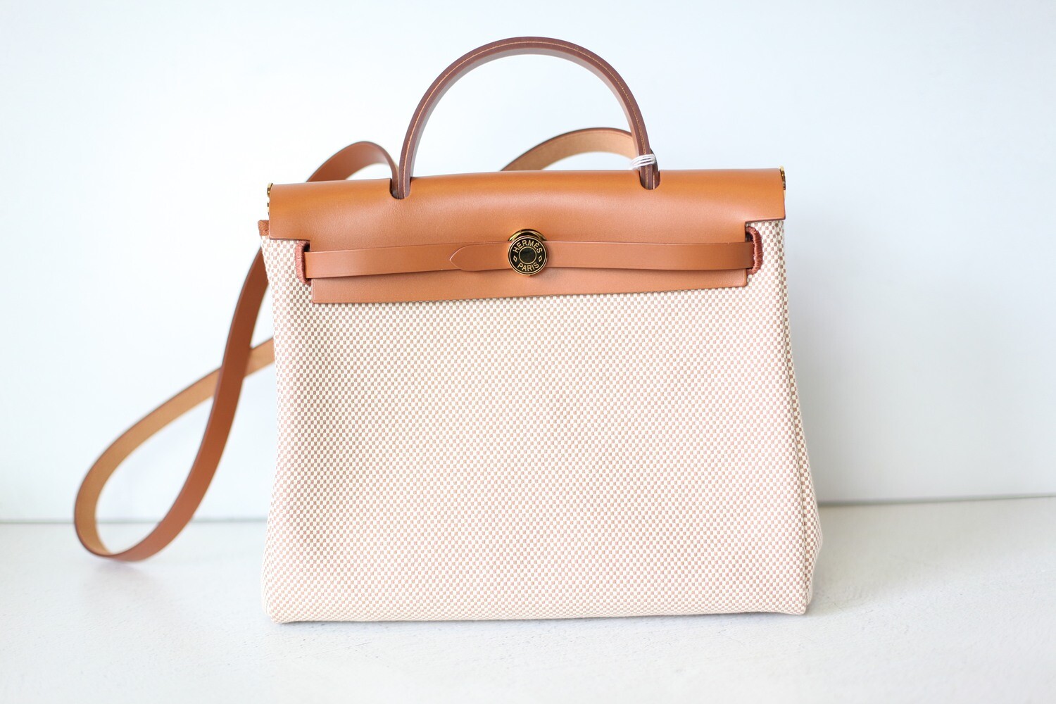 Hermes Herbag Zip 31, Tan Leather with Beige Canvas, New in Box WA001