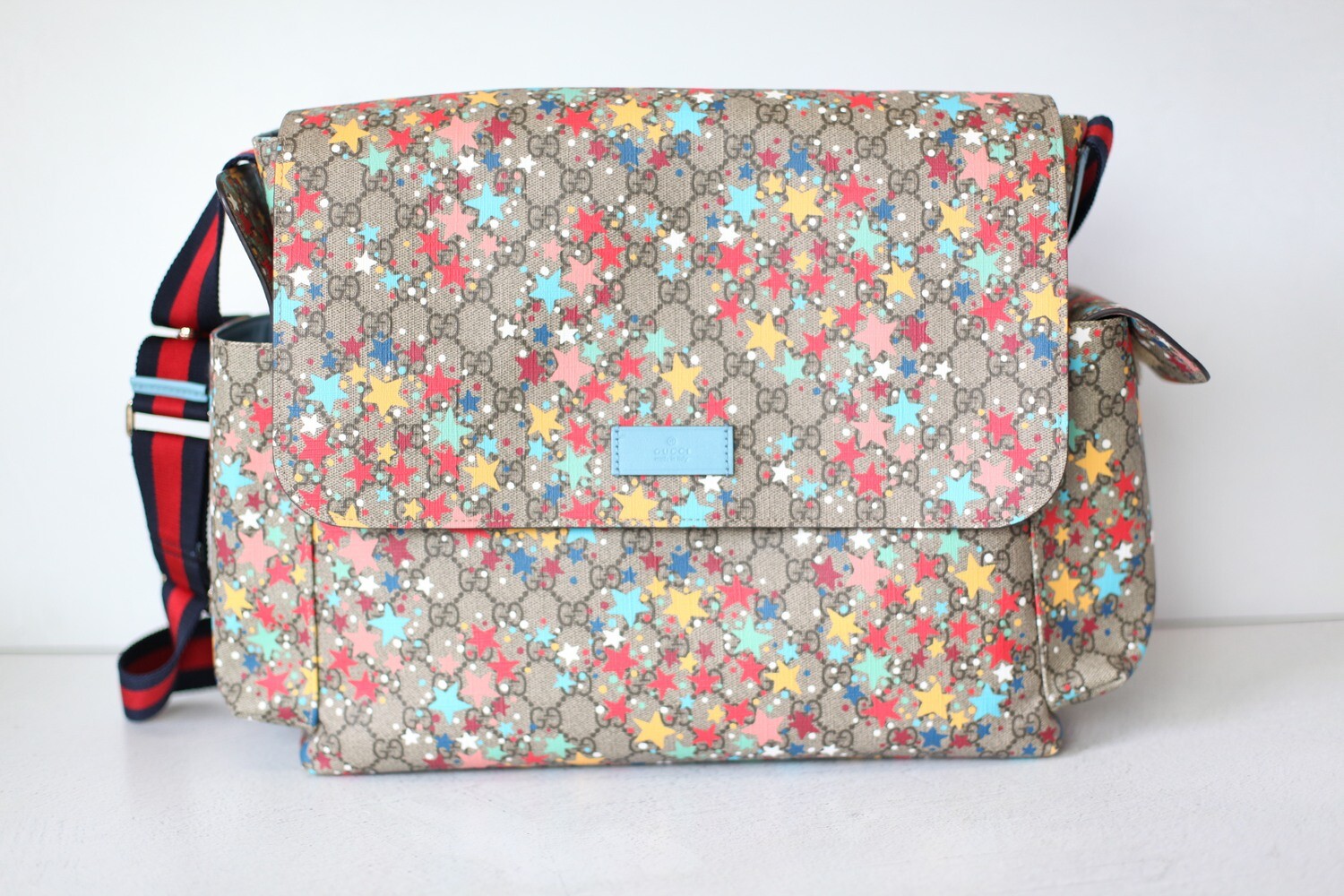 Gucci Diaper Bag Monogram Canvas with Multicolored Stars Preowned in Box WA001 Julia Rose Boston Shop