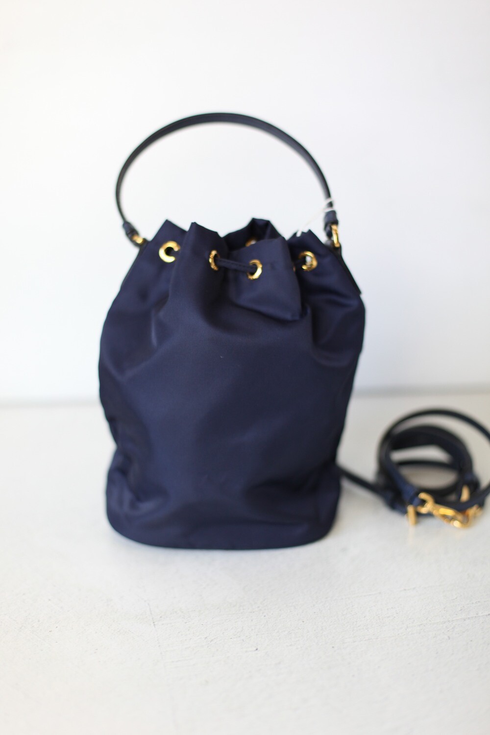 Prada Duet Small Re Nylon Bucket Bag Navy With Gold Hardware Preowned No Dustbag WA001