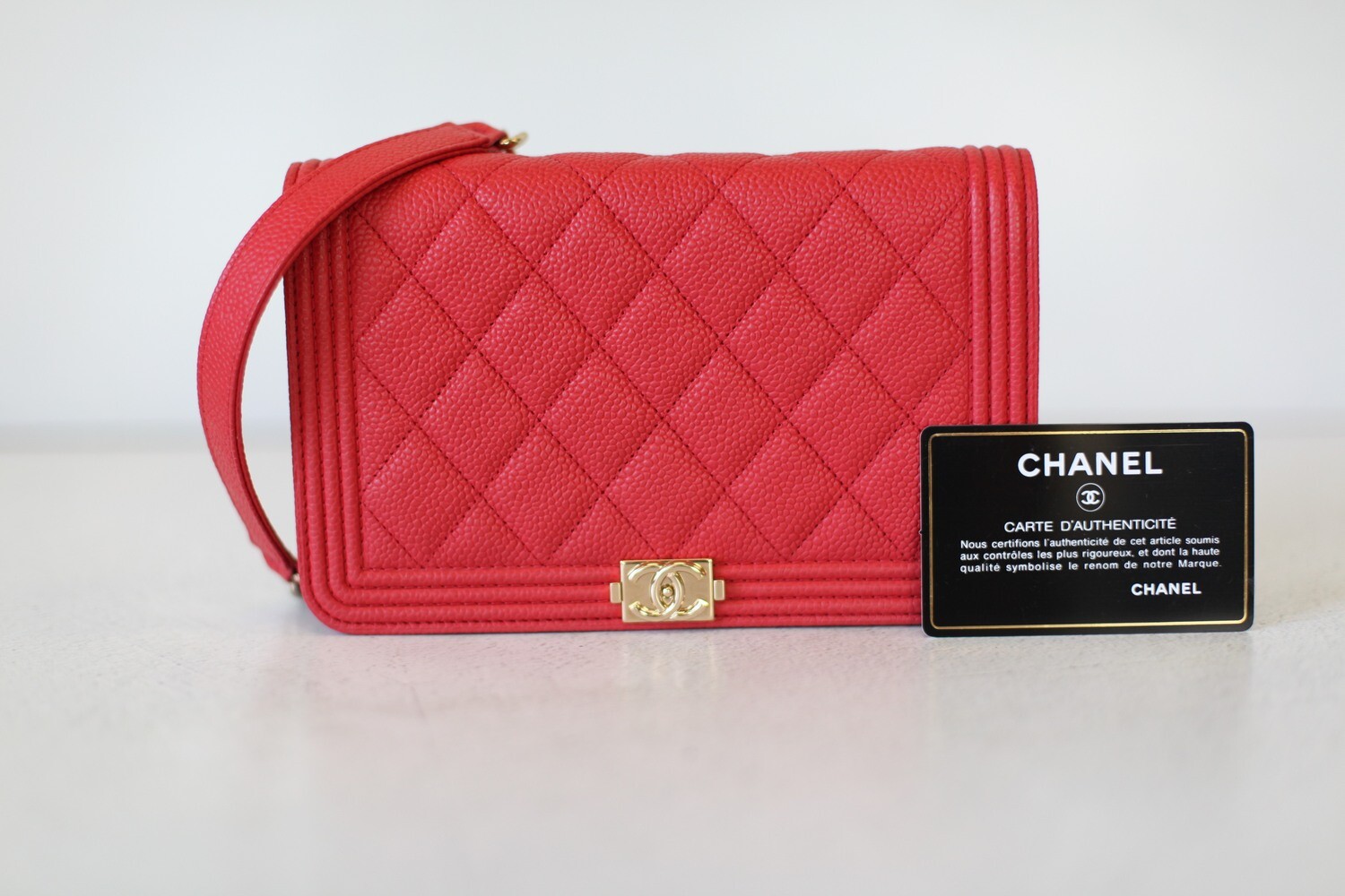 Chanel Boy Wallet On Chain, Red Caviar, With Gold Hardware, Preowned In Box WA001