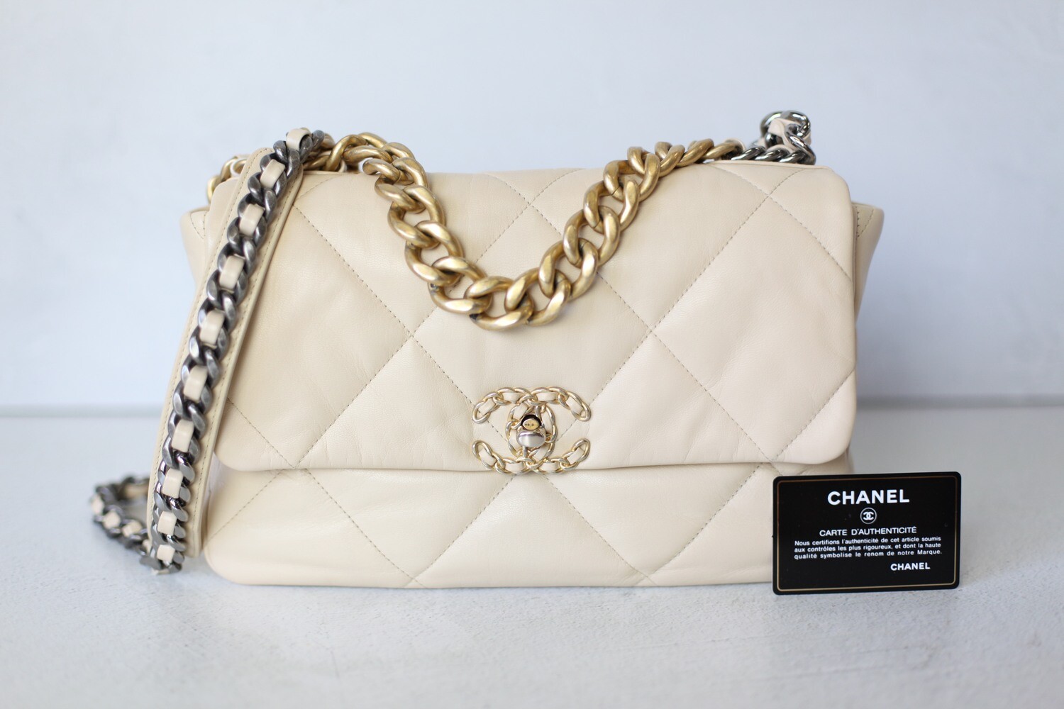 Chanel 19 Large, 20A Beige Goatskin with Gold Hardware, Preowned
