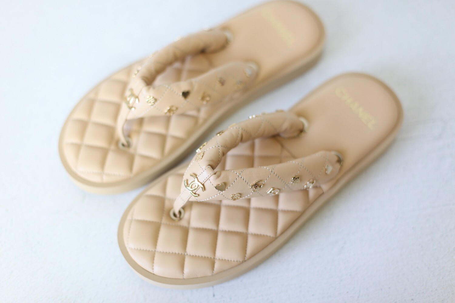 Chanel Charms Thong Sandals, Size 42, Beige Leather, New in Box WA001