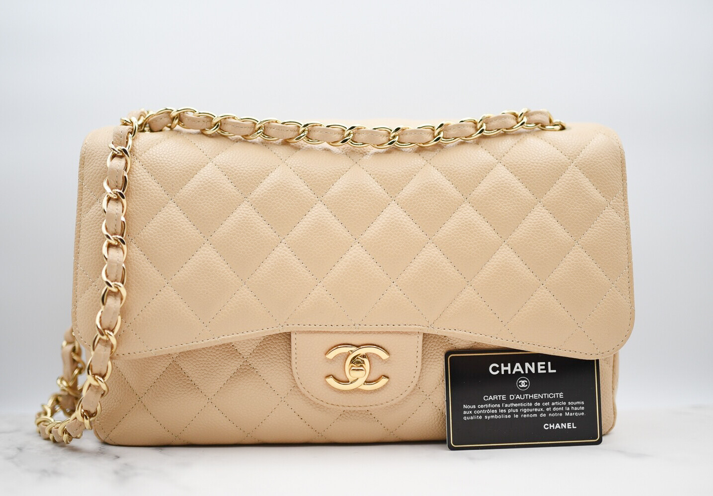 Chanel Classic Jumbo Double Flap, Beige Caviar Leather with Gold Hardware,  Preowned in Dustbag GA003