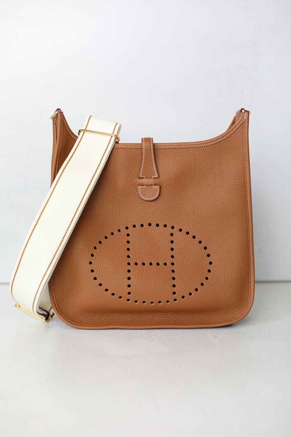 Hermes Evelyne PM, Gold with White Canvas Strap, 2021 Z Stamp, New in Box WA001