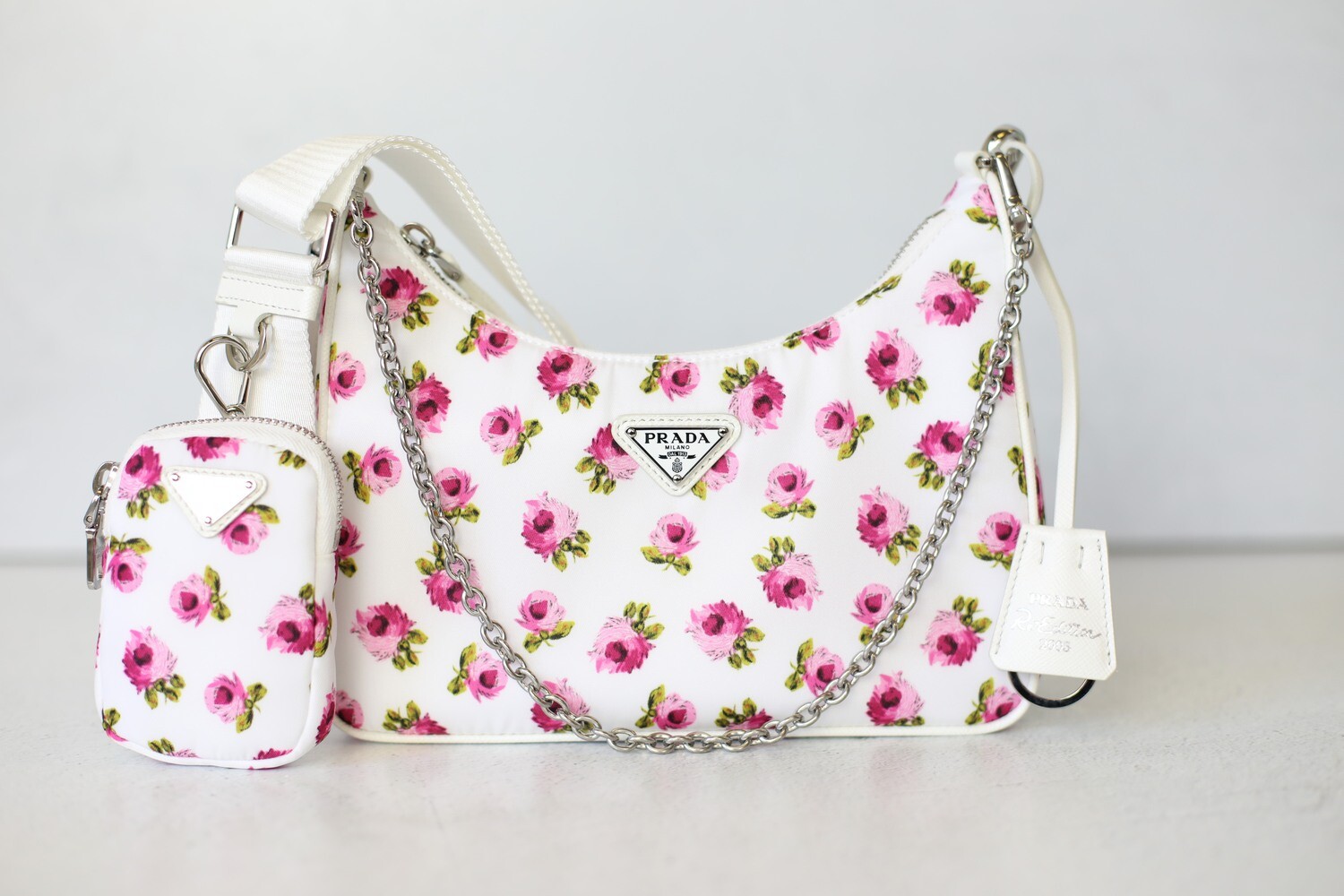 Prada Re-Edition Hobo Tessuto Mini, Pink and White Flower Nylon