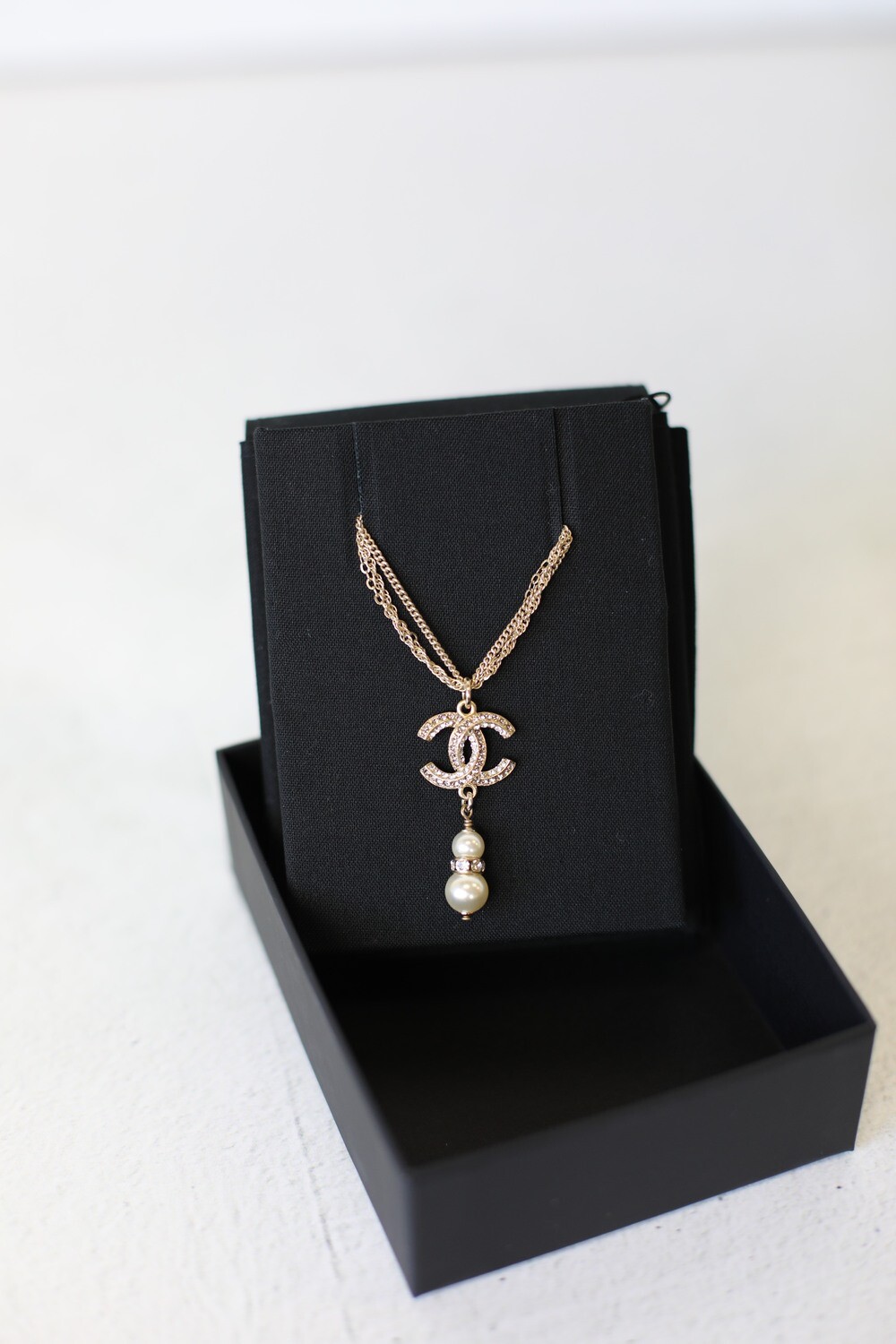 Chanel Necklace, Crystal CC with Drop Pearls, New in Box WA001