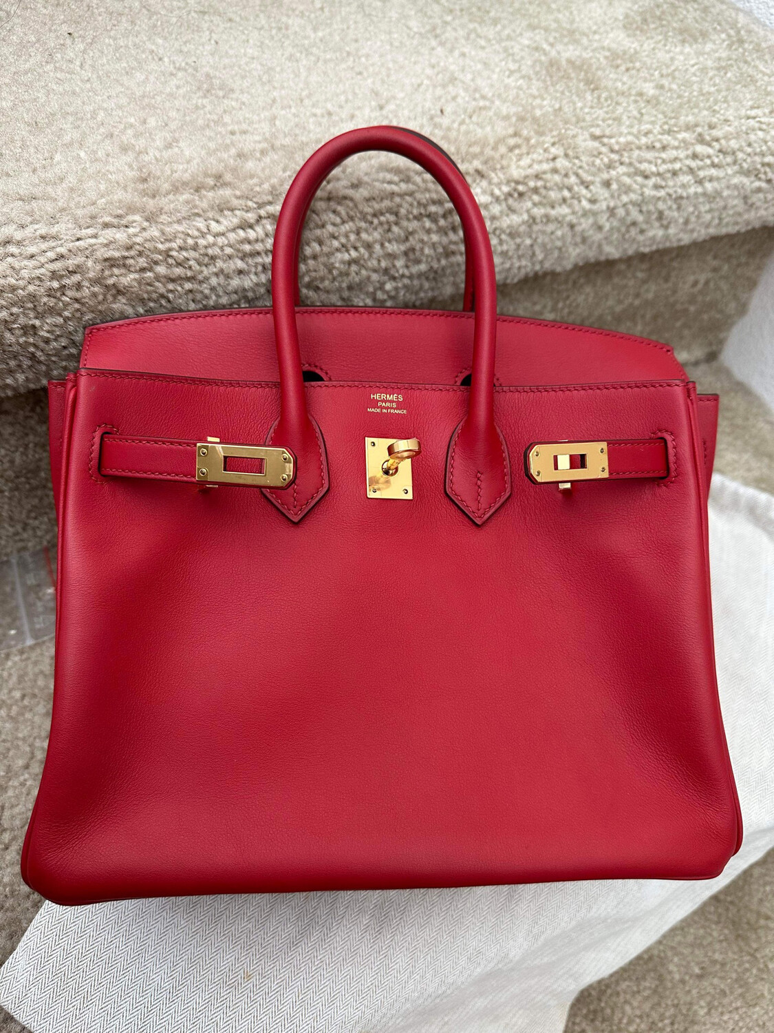 Hermes Birkin 25 Red Swift Leather, Gold Hardware, Preowned In Box P