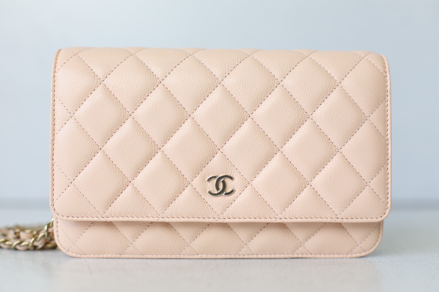 Chanel Classic Wallet on Chain, Peach Beige Caviar with Gold