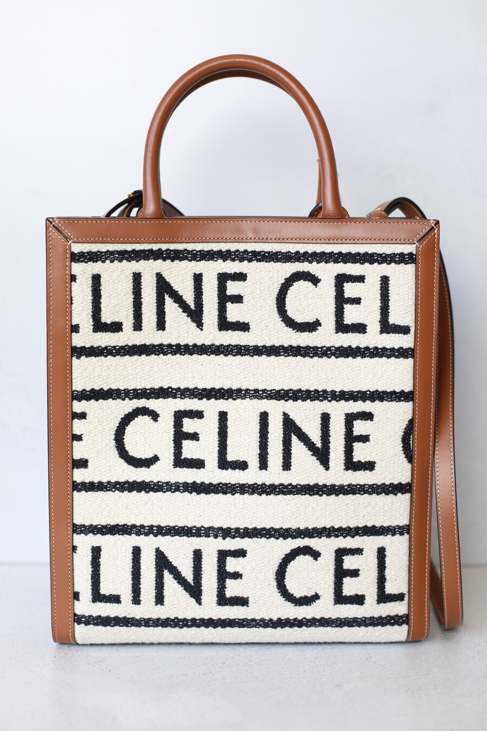 Celine Cabas Vertical Tote Small, White and Black Canvas with Tan Leather  Trim, Preowned no Dustbag WA001