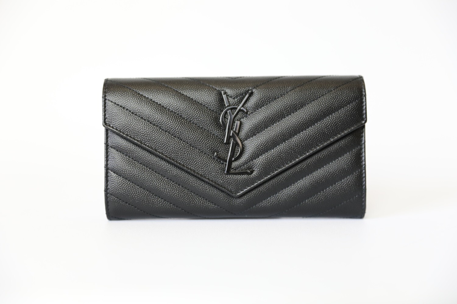 Saint Laurent Envelope Flap Wallet, So Black Leather, Preowned in Dustbag  WA001