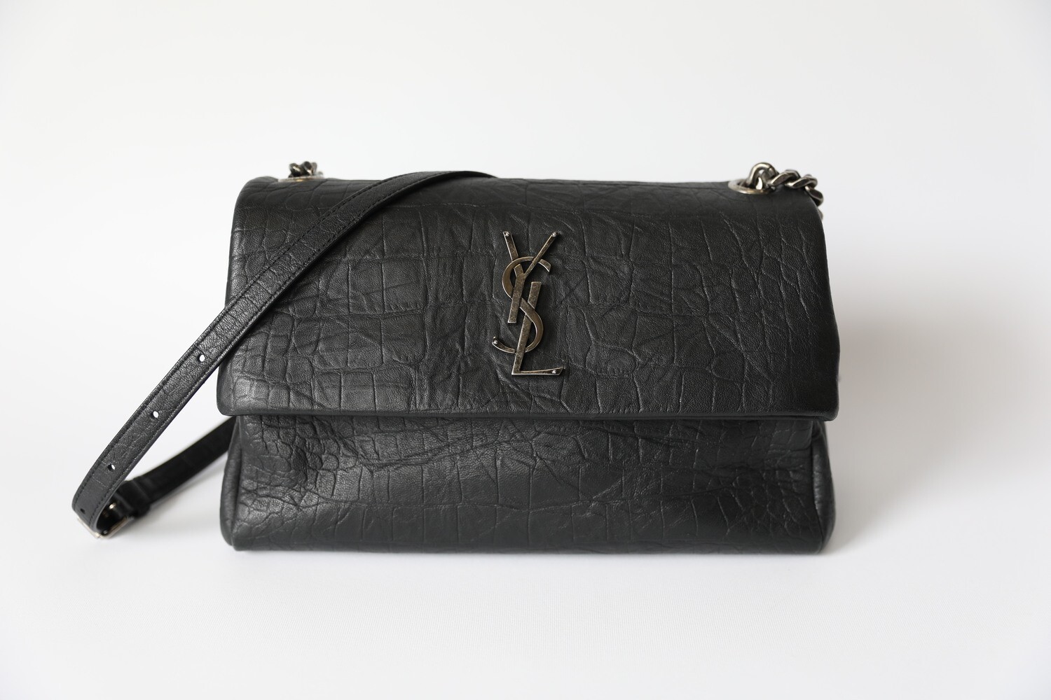 Saint Laurent West Hollywood Shoulder Bag Medium Black Leather With Aged Silver Hardware Preowned In Dustbag WA001