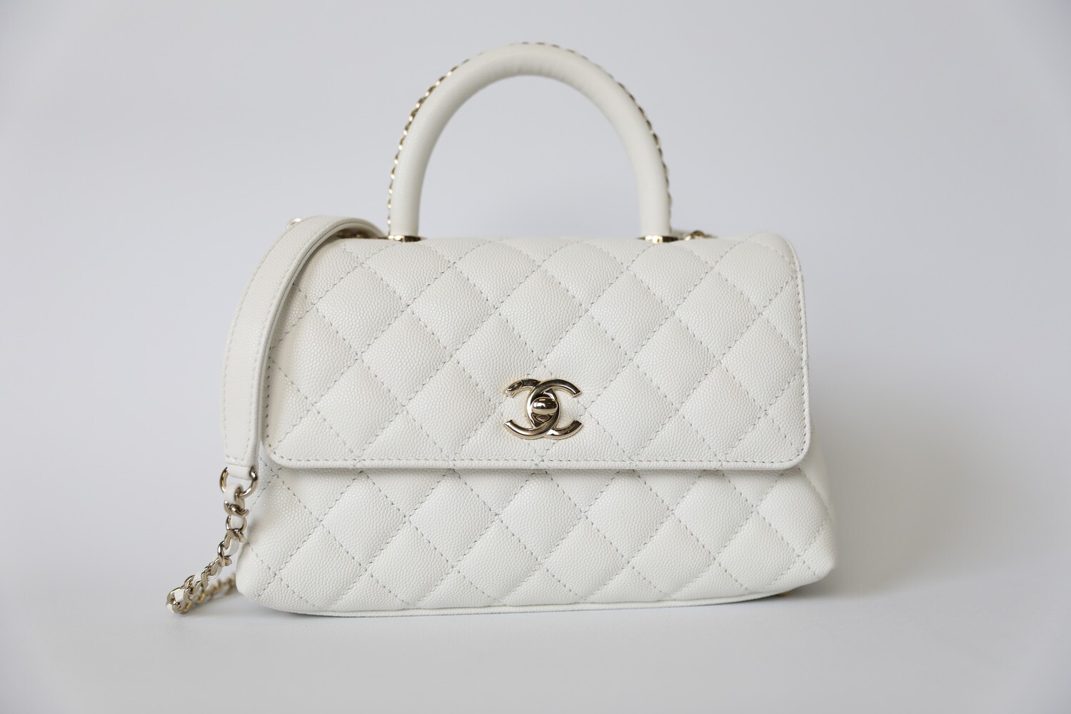 Chanel Coco Handle Mini with Chain Top Handle, White Quilted Caviar Leather with Gold Hardware, New In Box WA001