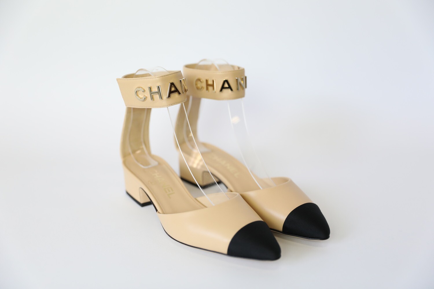 Chanel Shoes Ankle Strap Low Heels, Beige and Black, Size 36, New in Box  WA001