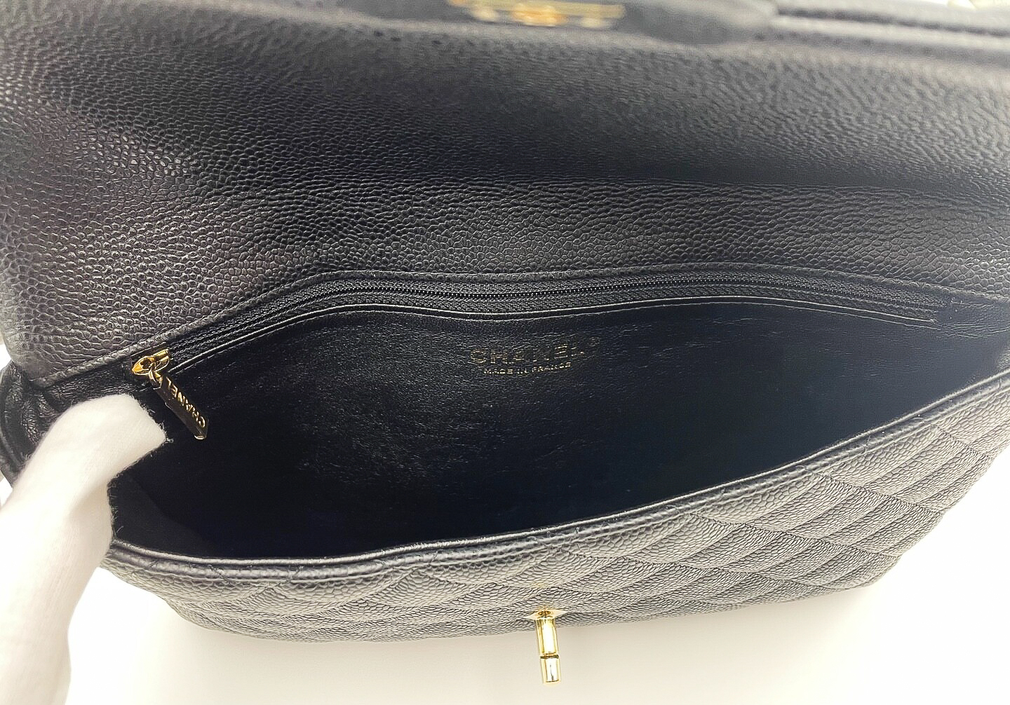 Chanel Clutch, Black Caviar with Gold Hardware, Preowned in Dustbag GA001