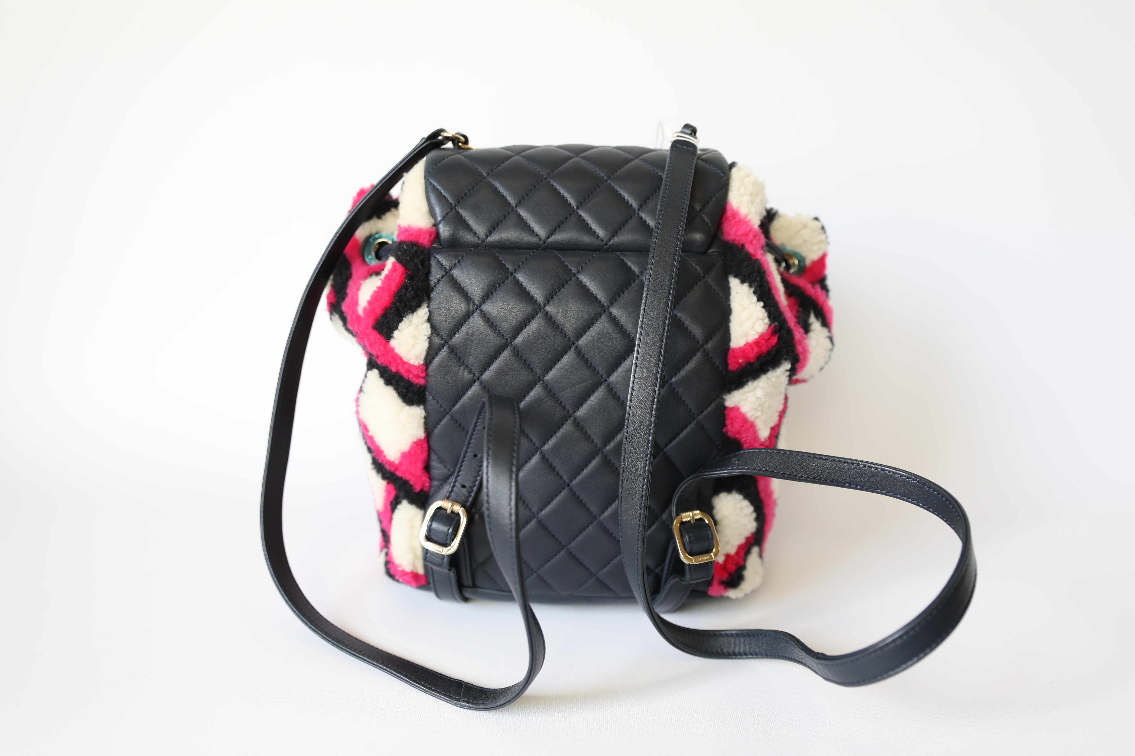 Chanel Urban Spirit Backpack Small, Shearling With Quilted Lambskin Pink  And Navy With Gold Hardware, Preowned No Dustbag WA001