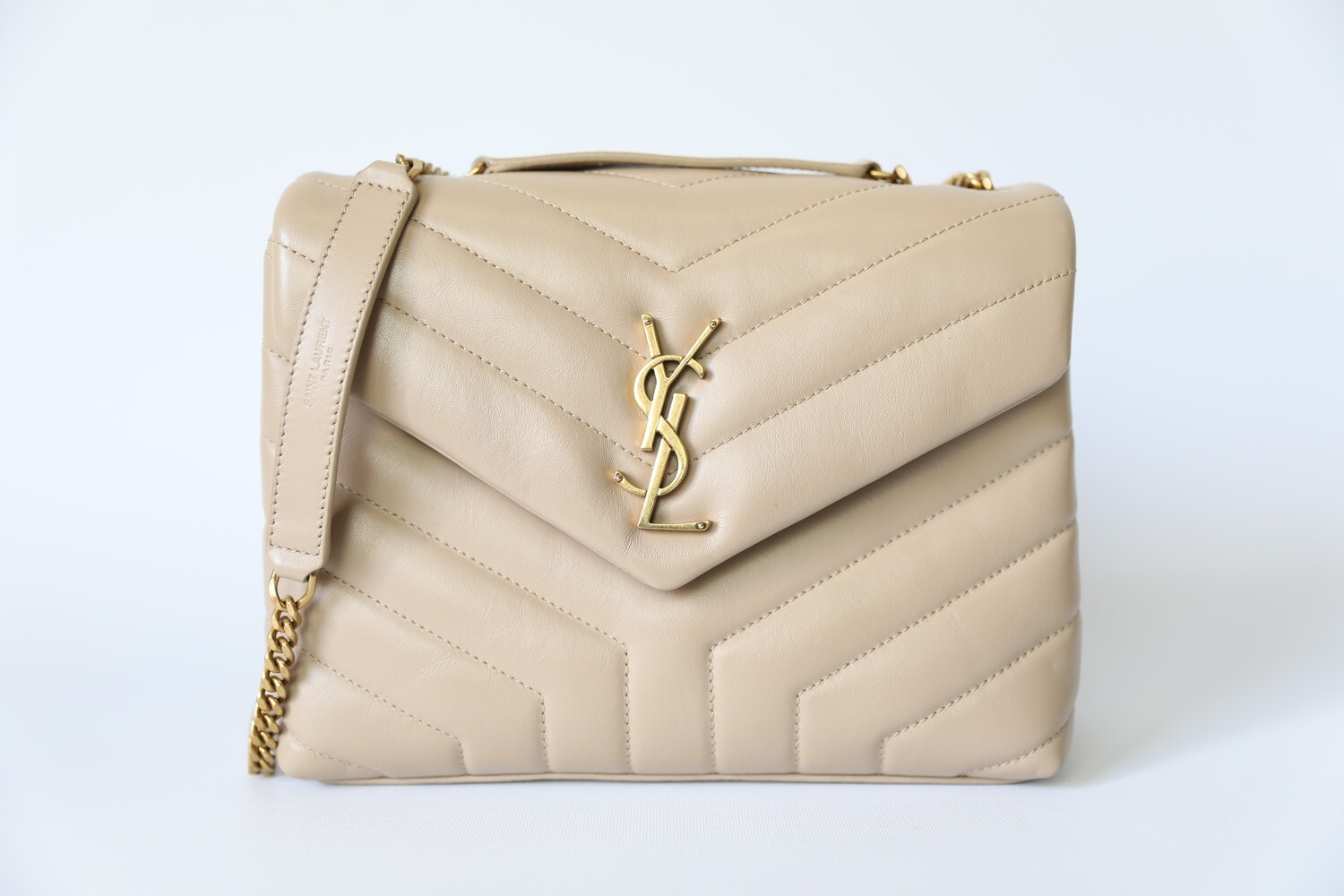 Saint Laurent Loulou Quilted Shoulder Bag Small, Beige Leather With
