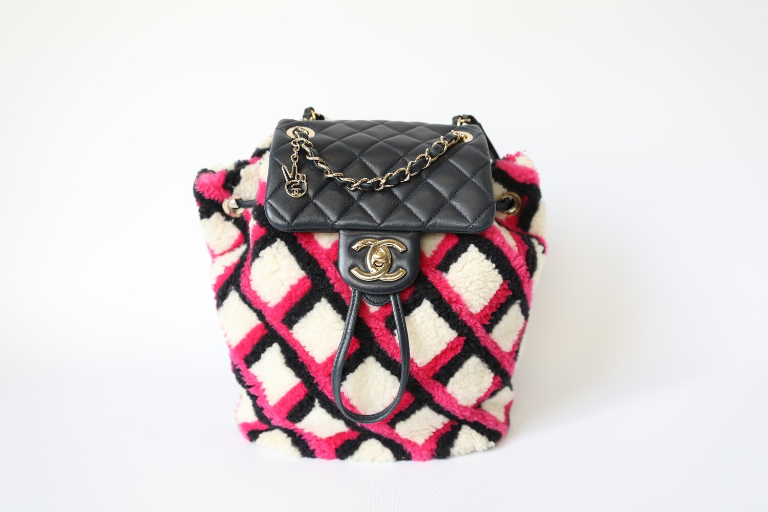 Chanel Urban Spirit Backpack Small, Shearling With Quilted Lambskin Pink  And Navy With Gold Hardware, Preowned No Dustbag WA001 - Julia Rose Boston